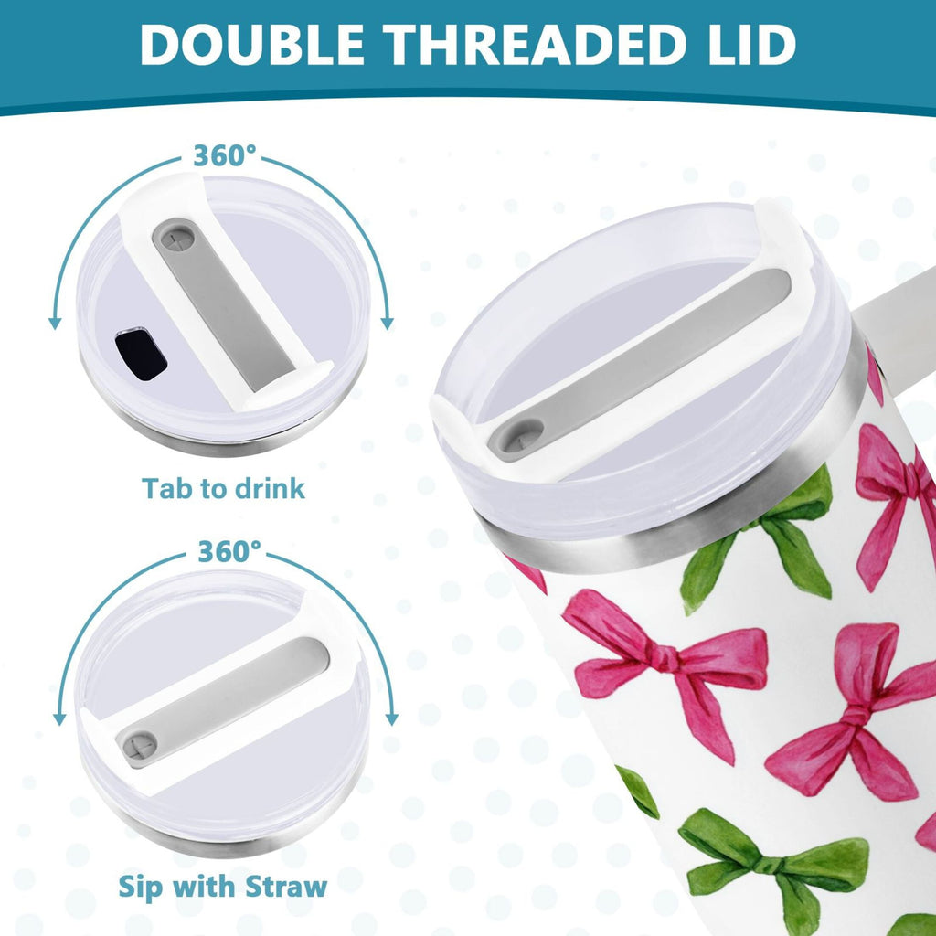 30 oz Insulated Stainless Steel Tumbler Double Wall Stainless Steel Tumbler with 2-Way Drinking Pink Bows and Green Ribbons - Choice 896