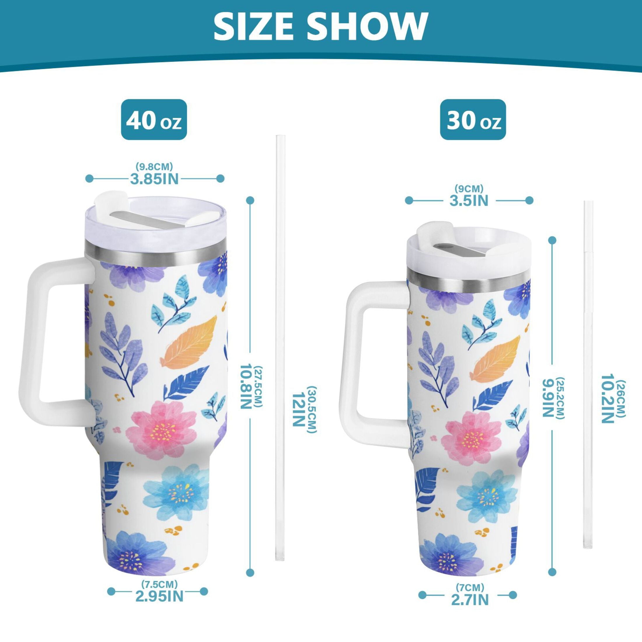 30 oz Insulated Stainless Steel Tumbler Double Wall Stainless Steel Tumbler with 2-Way Drinking Blue and Purple Flowers - Choice 738