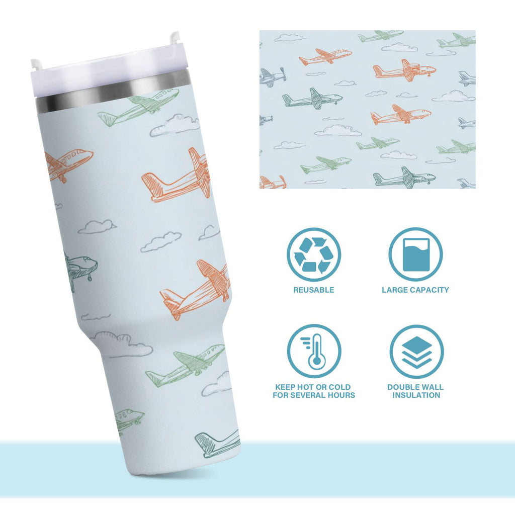 30 oz Insulated Stainless Steel Tumbler Double Wall Stainless Steel Tumbler with 2-Way Drinking Pastel Doodle Airplanes - Choice 189