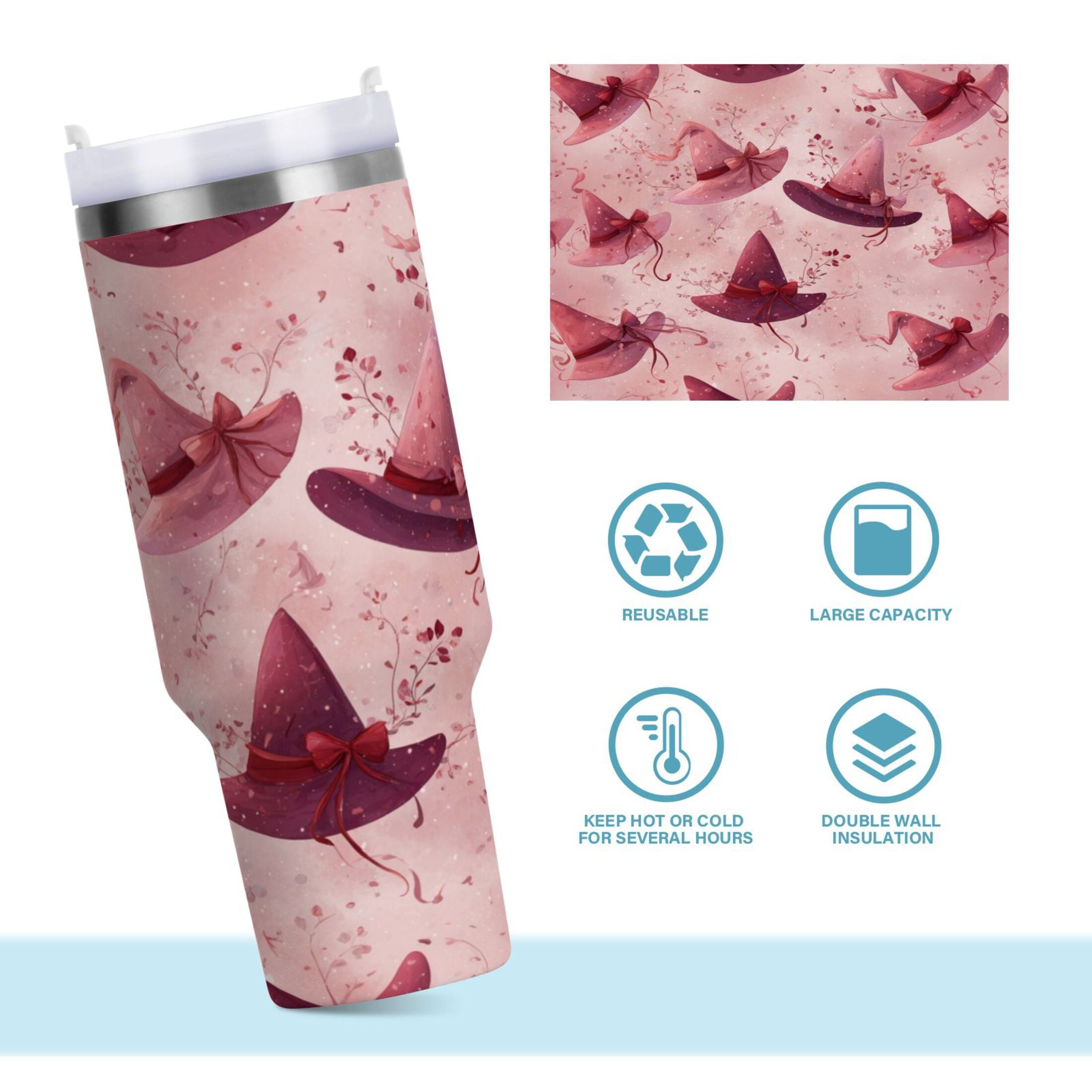 30 oz Insulated Stainless Steel Tumbler Double Wall Stainless Steel Tumbler with 2-Way Drinking Hats with Delicate Bows - Choice 476
