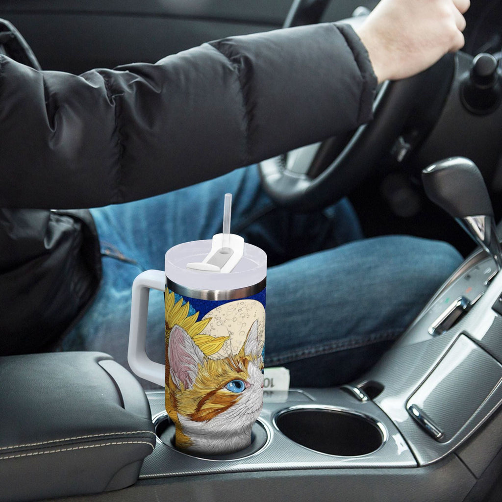 40 oz Insulated Stainless Steel Tumbler Double Wall Stainless Steel Tumbler with 2-Way Drinking Cat Lies in The Sunflowers - Choice 530