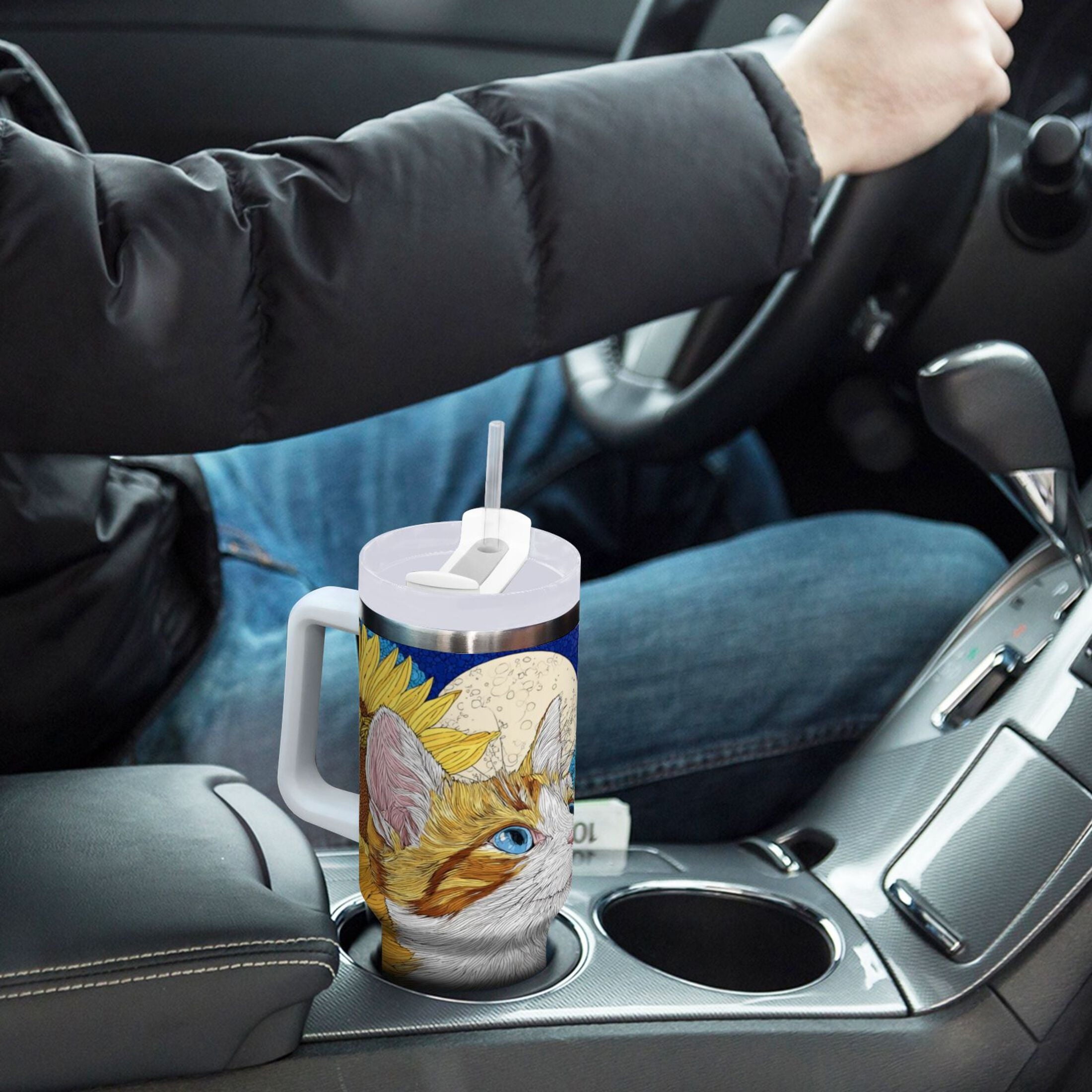 40 oz Insulated Stainless Steel Tumbler Double Wall Stainless Steel Tumbler with 2-Way Drinking Cat Lies in The Sunflowers - Choice 530