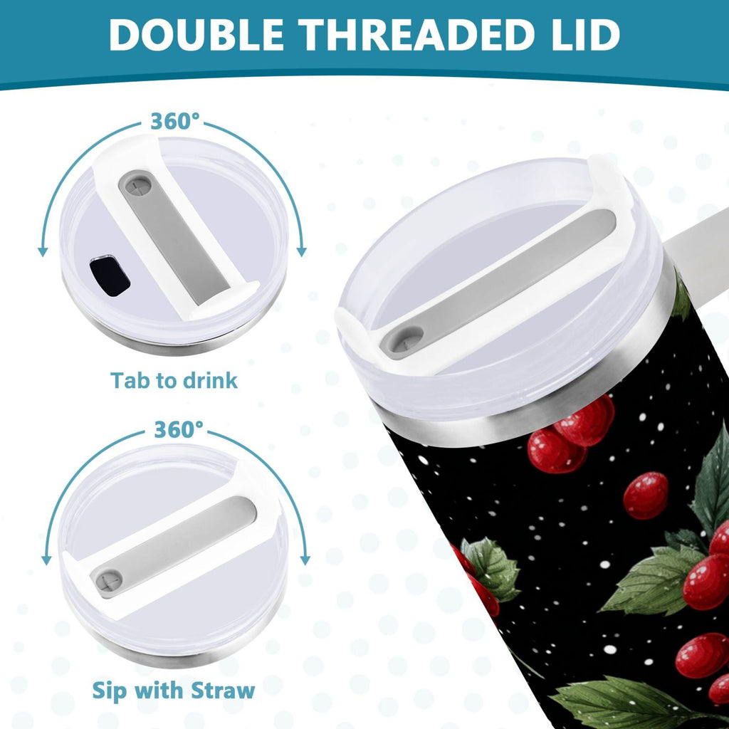 40 oz Insulated Stainless Steel Tumbler Double Wall Stainless Steel Tumbler with 2-Way Drinking Red Holly Berries Pattern - Choice 512