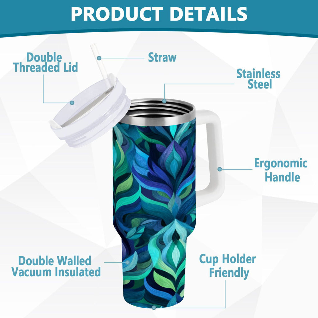 40 oz Insulated Stainless Steel Tumbler Double Wall Stainless Steel Tumbler with 2-Way Drinking Elegant Blue Abstract Shapes - Choice 188
