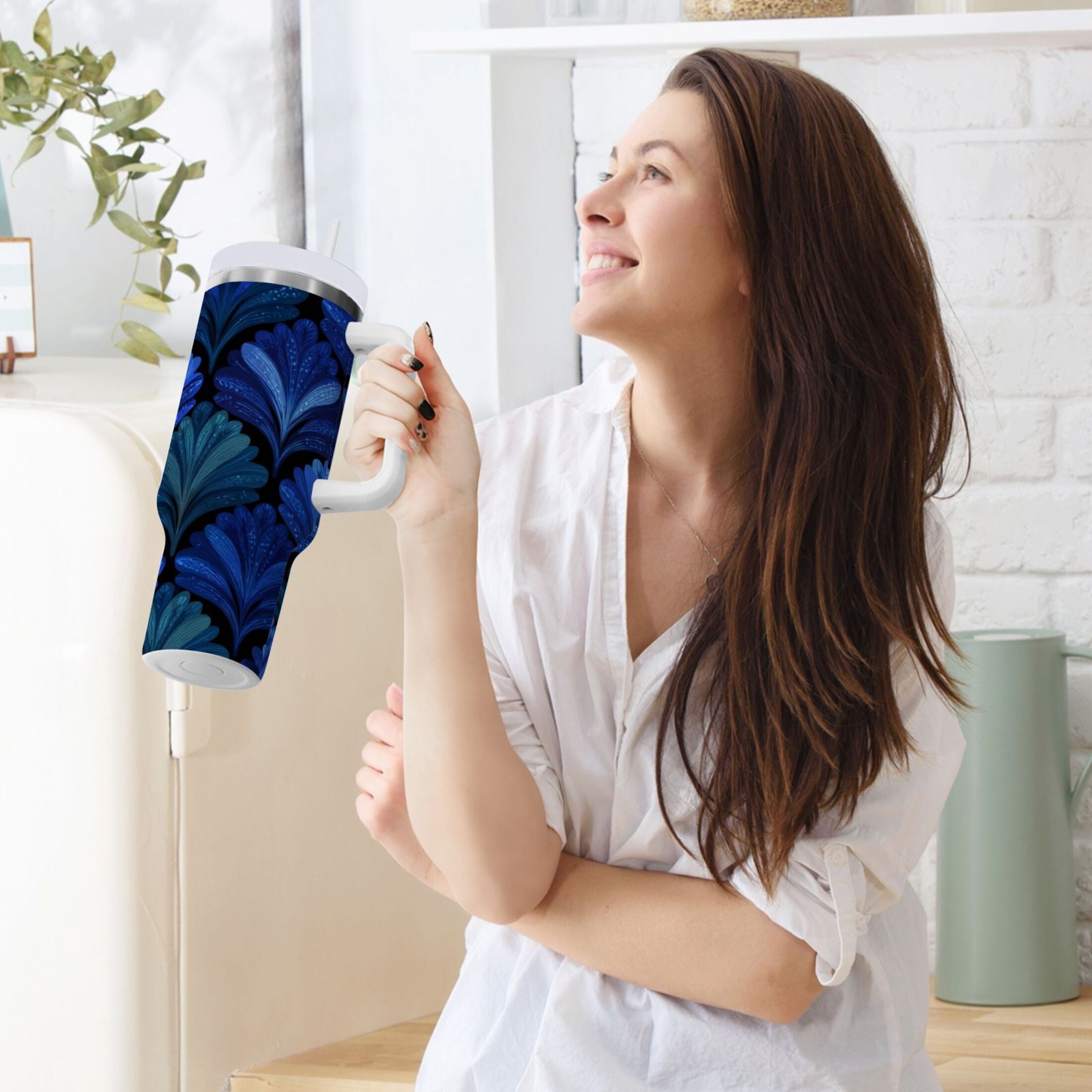 30 oz Insulated Stainless Steel Tumbler Double Wall Stainless Steel Tumbler with 2-Way Drinking Blue Batik Leaves Pattern - Choice 588