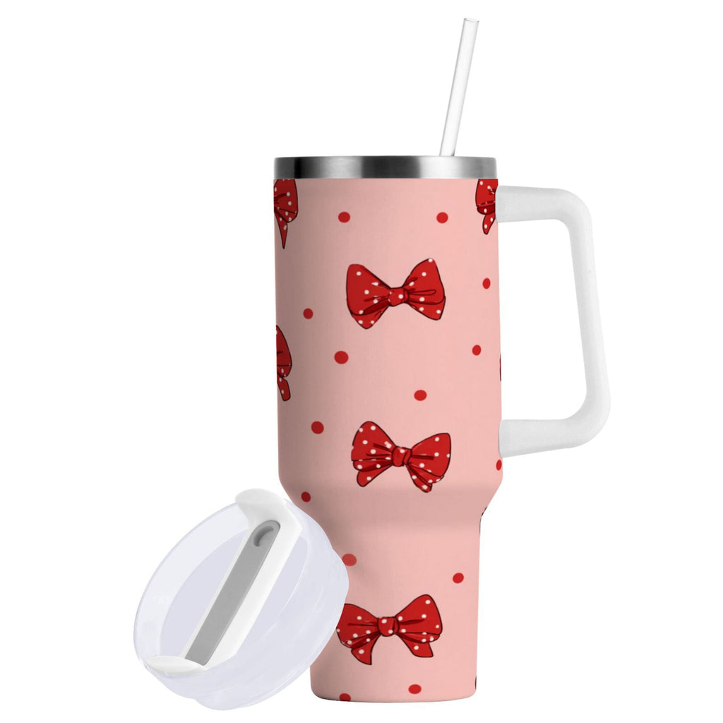 40 oz Insulated Stainless Steel Tumbler Double Wall Stainless Steel Tumbler with 2-Way Drinking Red Bows and Polka Dots - Choice 560