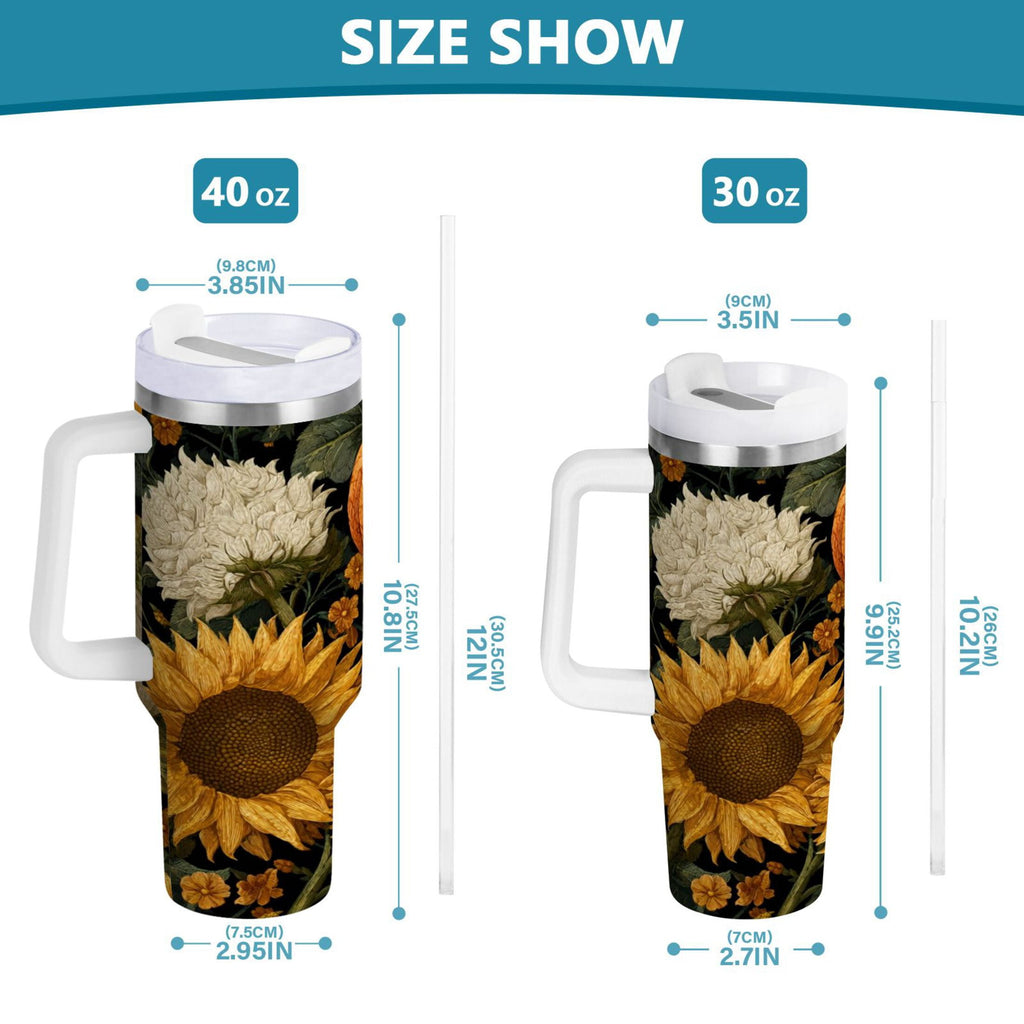 40 oz Insulated Stainless Steel Tumbler Double Wall Stainless Steel Tumbler with 2-Way Drinking Pumpkins and Sunflowers Pattern - Choice 480