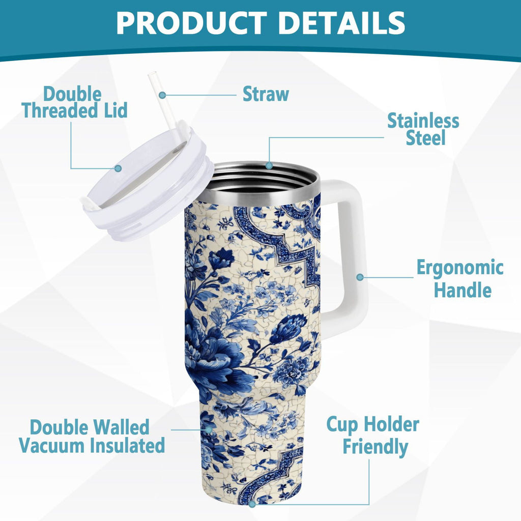 30 oz Insulated Stainless Steel Tumbler Double Wall Stainless Steel Tumbler with 2-Way Drinking Blue and White Porcelain-style - Choice 585