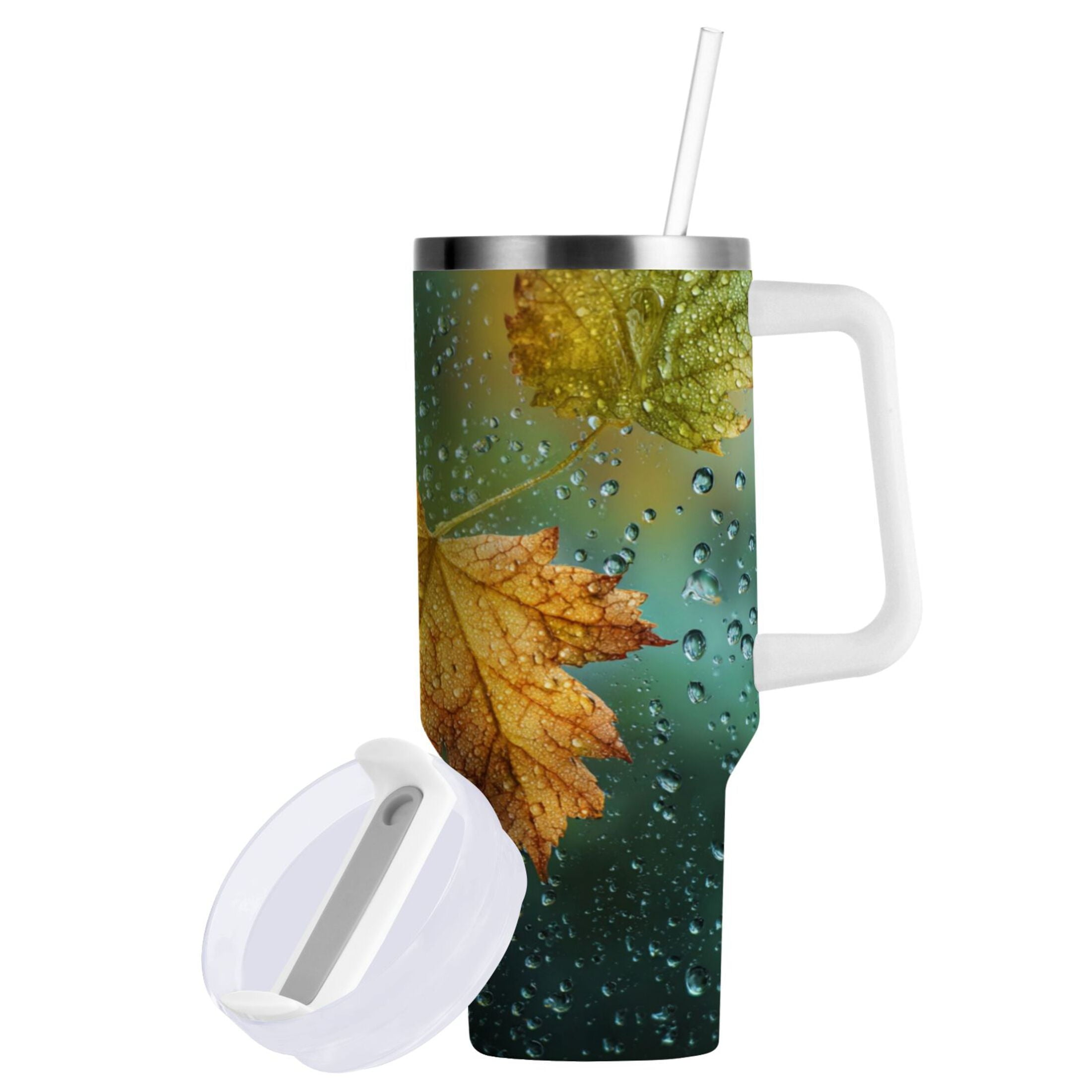 30 oz Insulated Stainless Steel Tumbler Double Wall Stainless Steel Tumbler with 2-Way Drinking Leaves with Water Droplets - Choice 218
