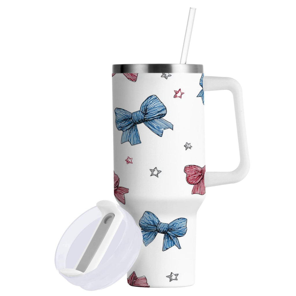 40 oz Insulated Stainless Steel Tumbler Double Wall Stainless Steel Tumbler with 2-Way Drinking Red and Blue Stripes Bows - Choice 936