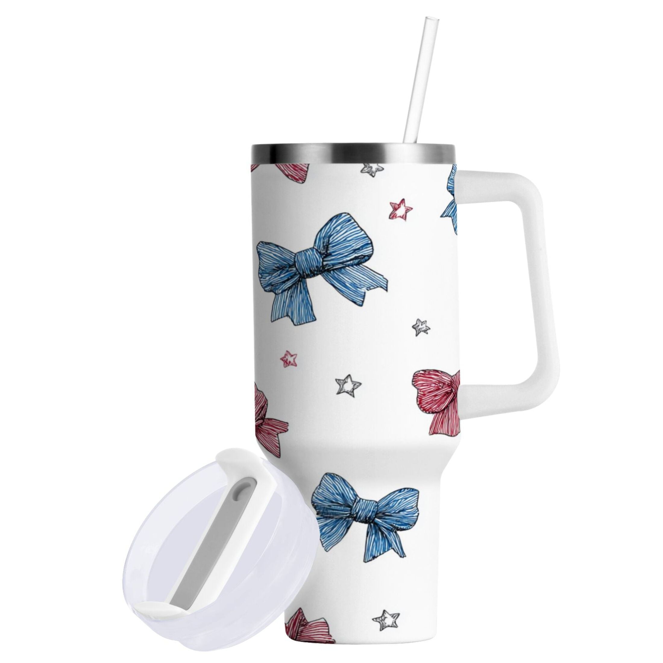 40 oz Insulated Stainless Steel Tumbler Double Wall Stainless Steel Tumbler with 2-Way Drinking Red and Blue Stripes Bows - Choice 936