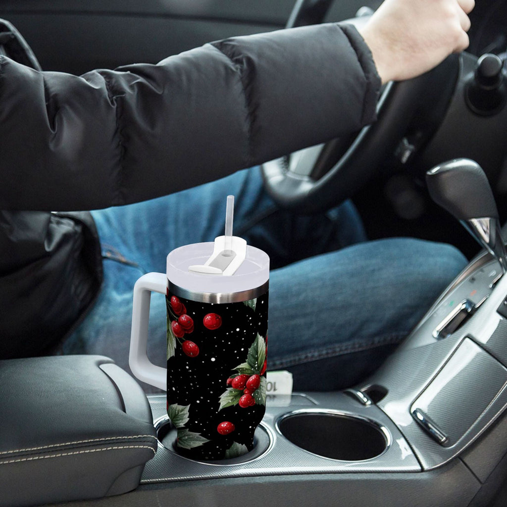 40 oz Insulated Stainless Steel Tumbler Double Wall Stainless Steel Tumbler with 2-Way Drinking Red Holly Berries Pattern - Choice 512
