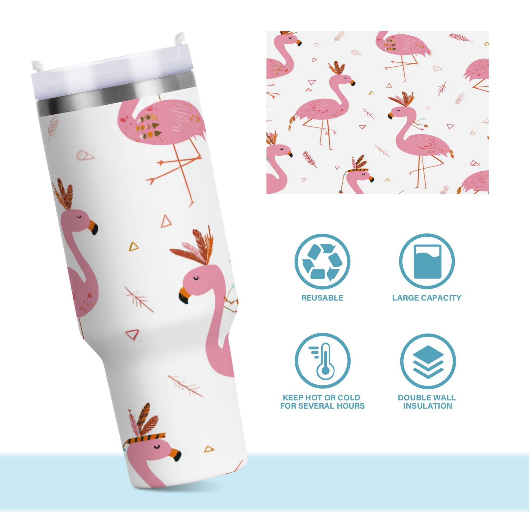 40 oz Insulated Stainless Steel Tumbler Double Wall Stainless Steel Tumbler with 2-Way Drinking Cute Pink Flamingo Pattern - Choice 828