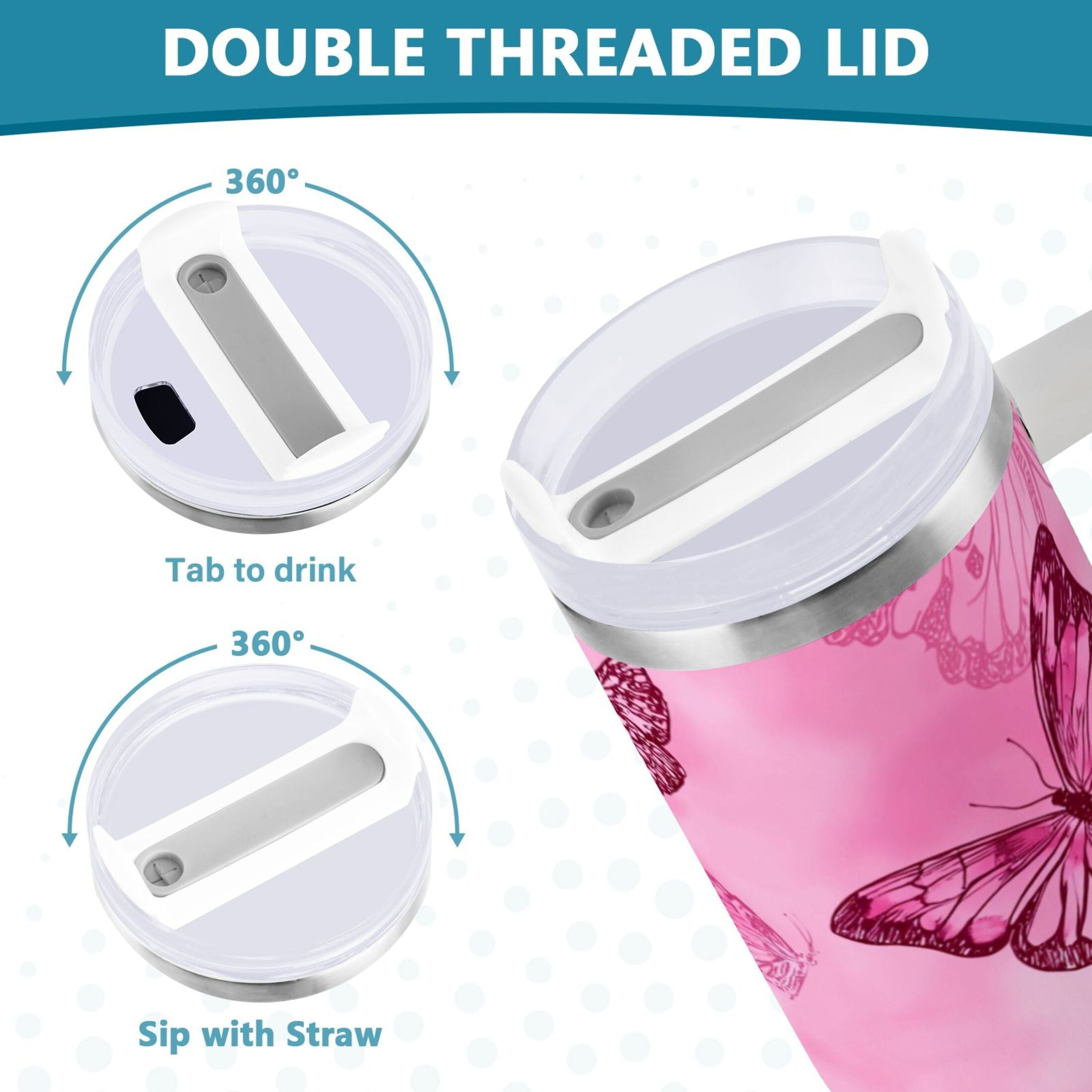 40 oz Insulated Stainless Steel Tumbler Double Wall Stainless Steel Tumbler with 2-Way Drinking Pink Butterfly Pattern - Choice 429