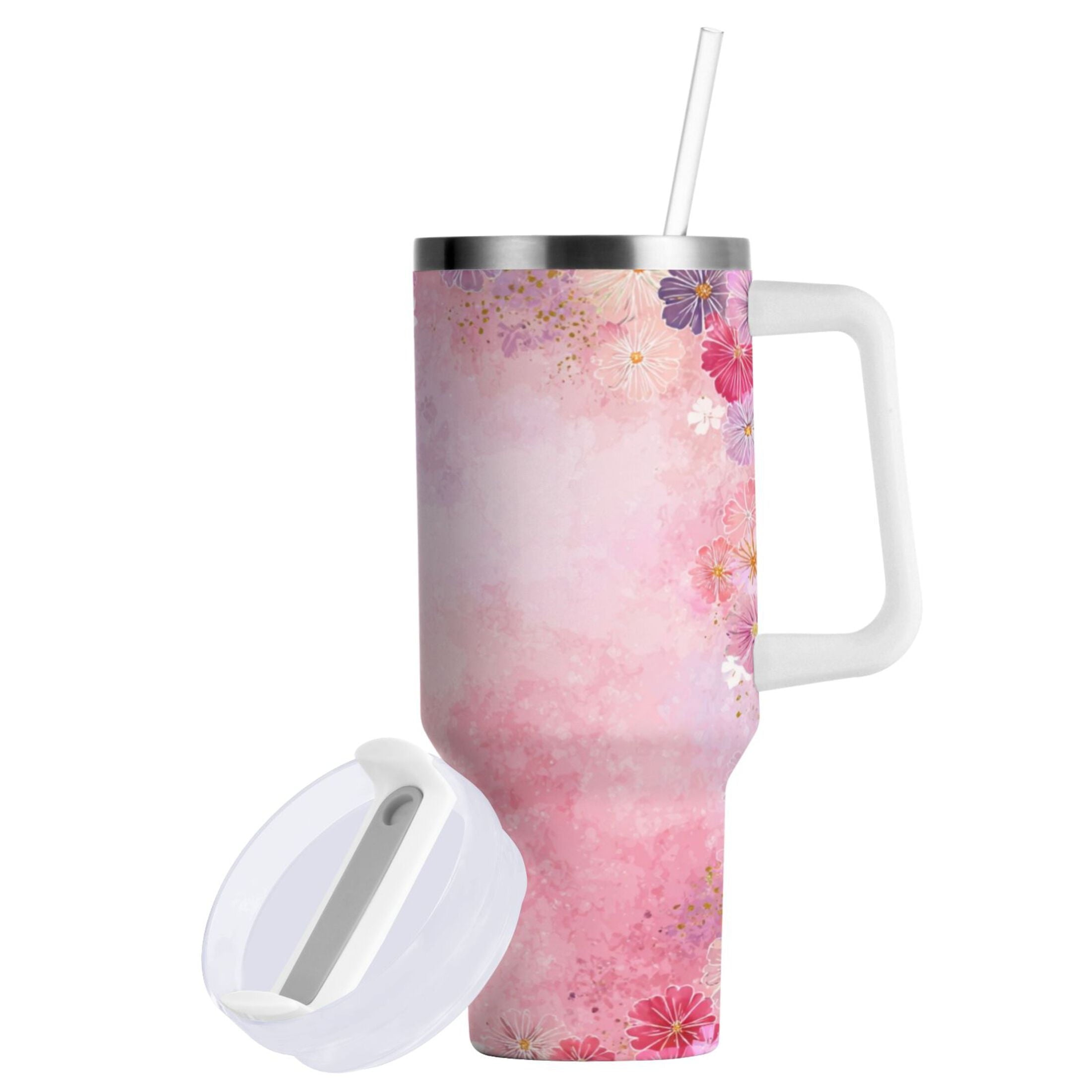 30 oz Insulated Stainless Steel Tumbler Double Wall Stainless Steel Tumbler with 2-Way Drinking Colorful Pastel Floral Pattern - Choice 348