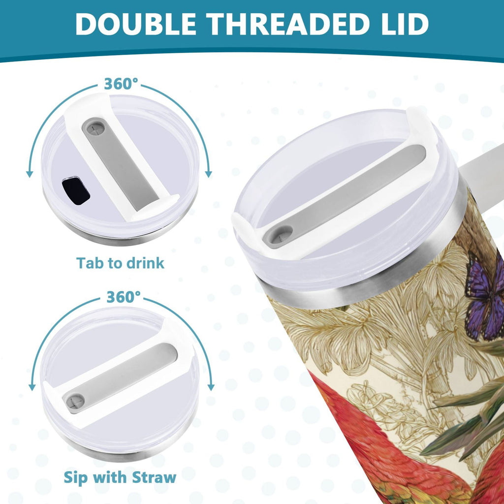 30 oz Insulated Stainless Steel Tumbler Double Wall Stainless Steel Tumbler with 2-Way Drinking Colorful Beautiful Parrots - Choice 284