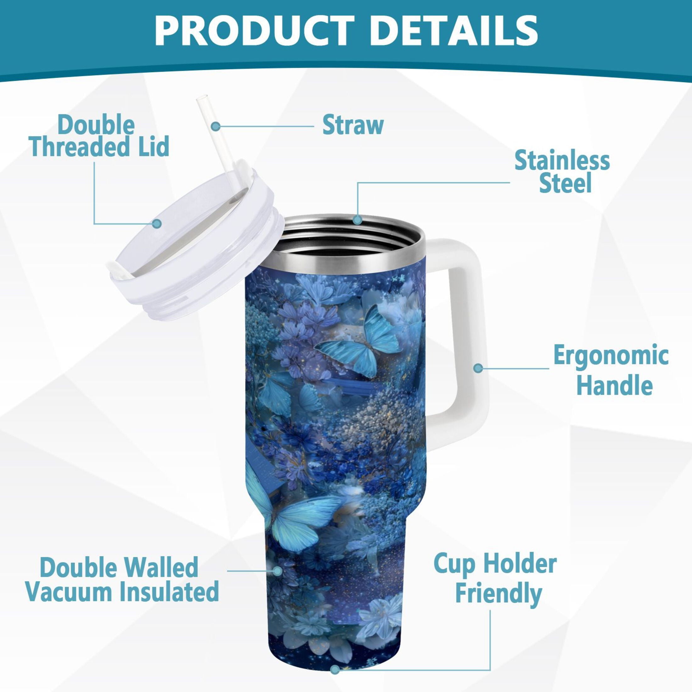 30 oz Insulated Stainless Steel Tumbler Double Wall Stainless Steel Tumbler with 2-Way Drinking Butterflies Books and Flowers - Choice 216