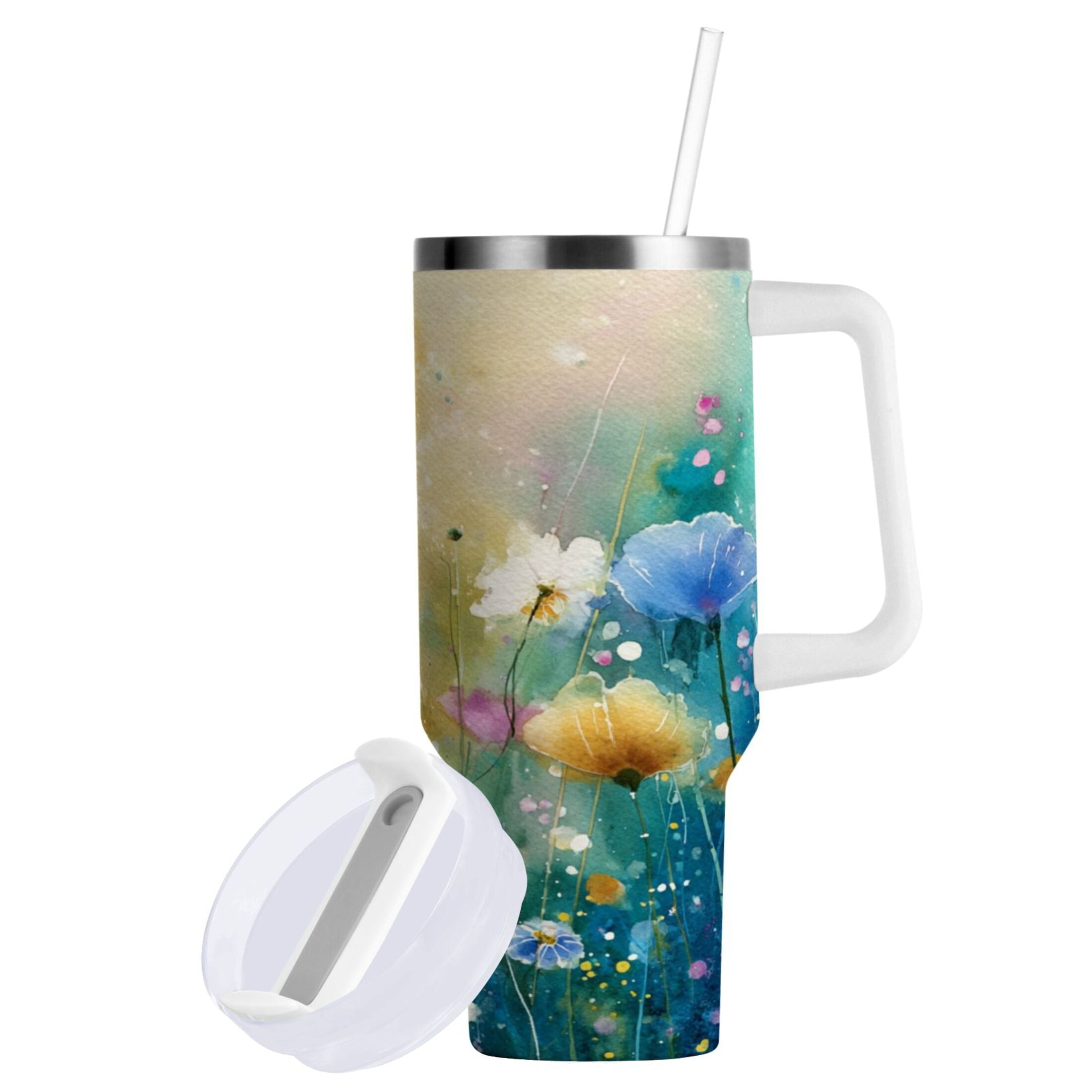 30 oz Insulated Stainless Steel Tumbler Double Wall Stainless Steel Tumbler with 2-Way Drinking Watercolor Wildflowers - Choice 776