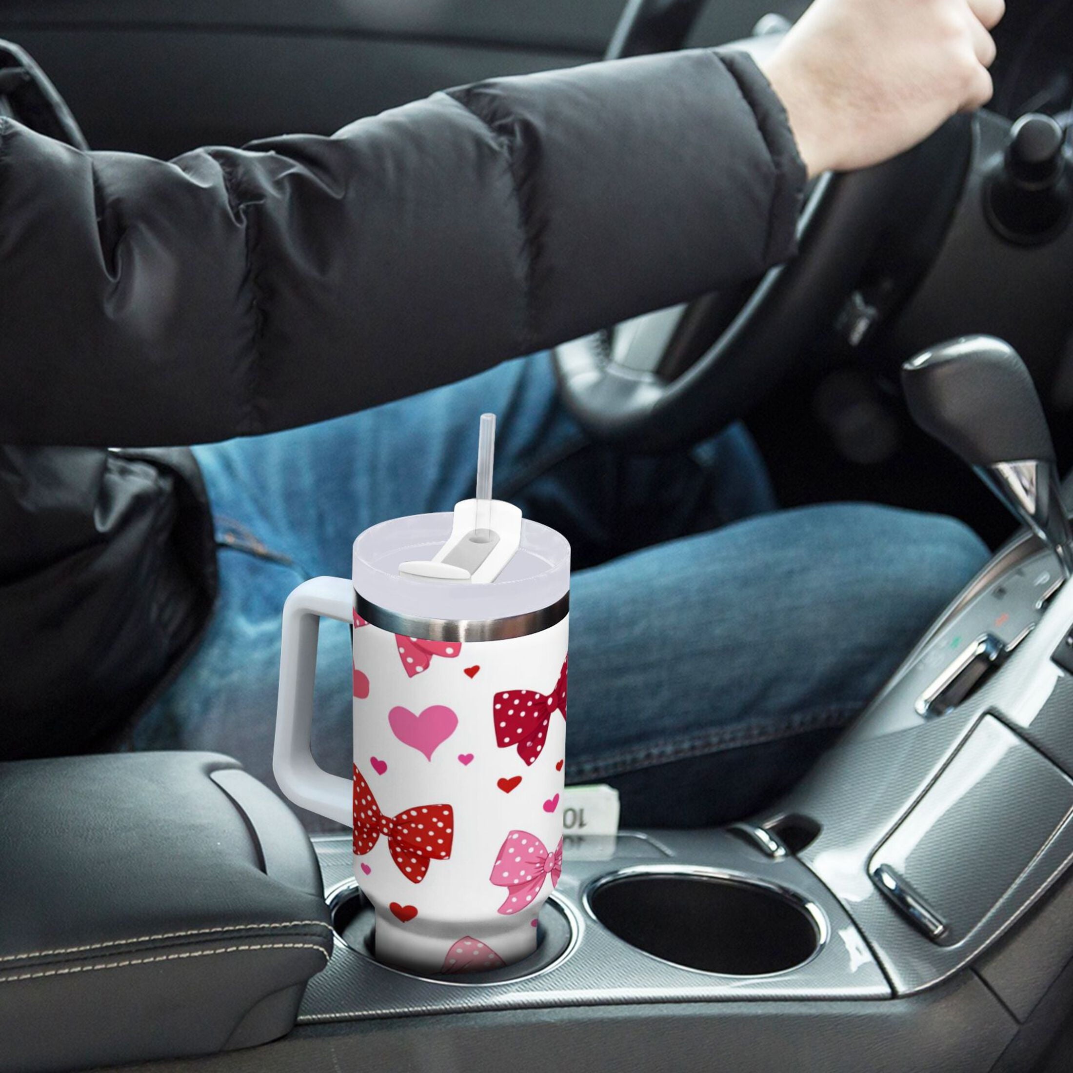 30 oz Insulated Stainless Steel Tumbler Double Wall Stainless Steel Tumbler with 2-Way Drinking Red and Pink Bows - Choice 811