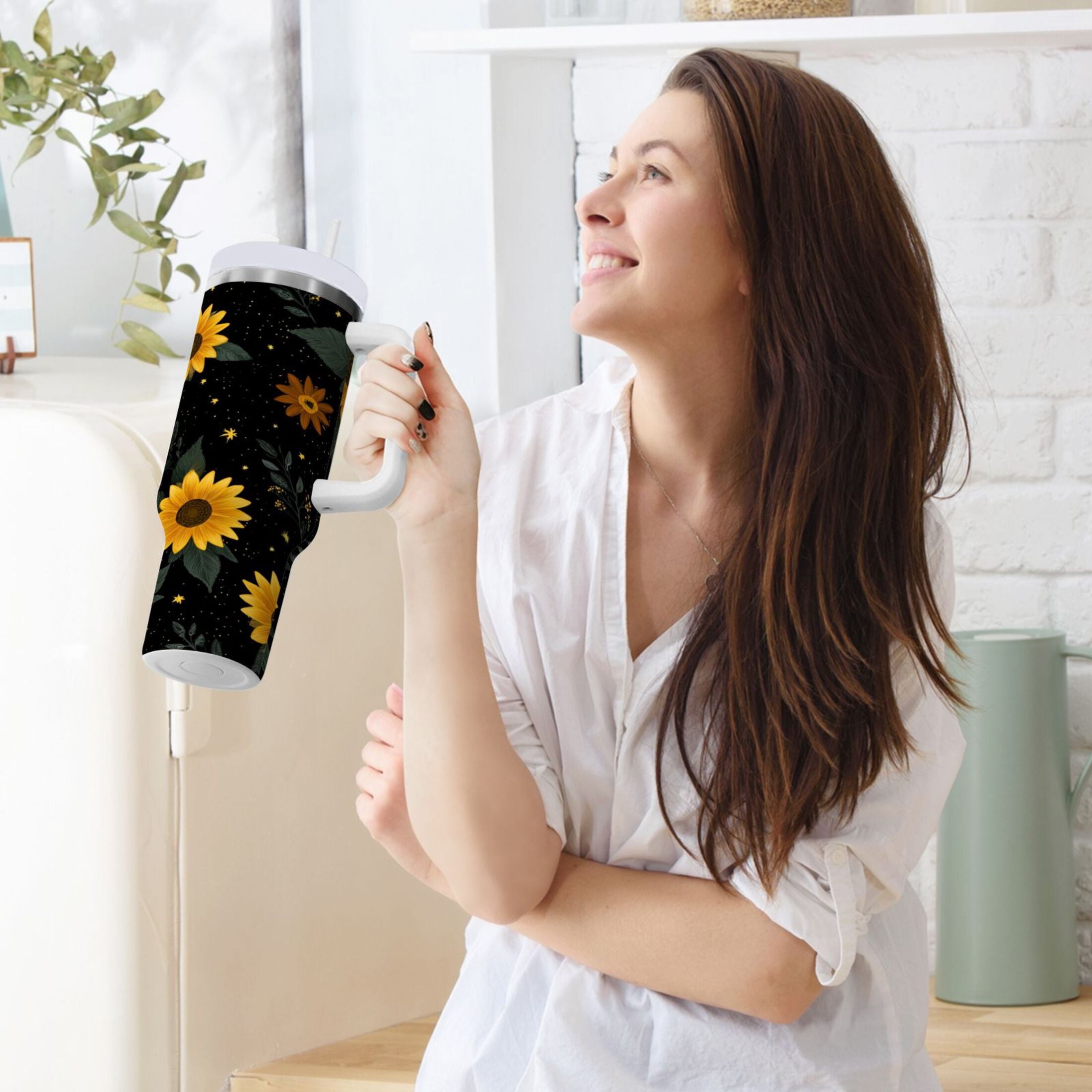 30 oz Insulated Stainless Steel Tumbler Double Wall Stainless Steel Tumbler with 2-Way Drinking Yellow Sunflower Pattern - Choice 158
