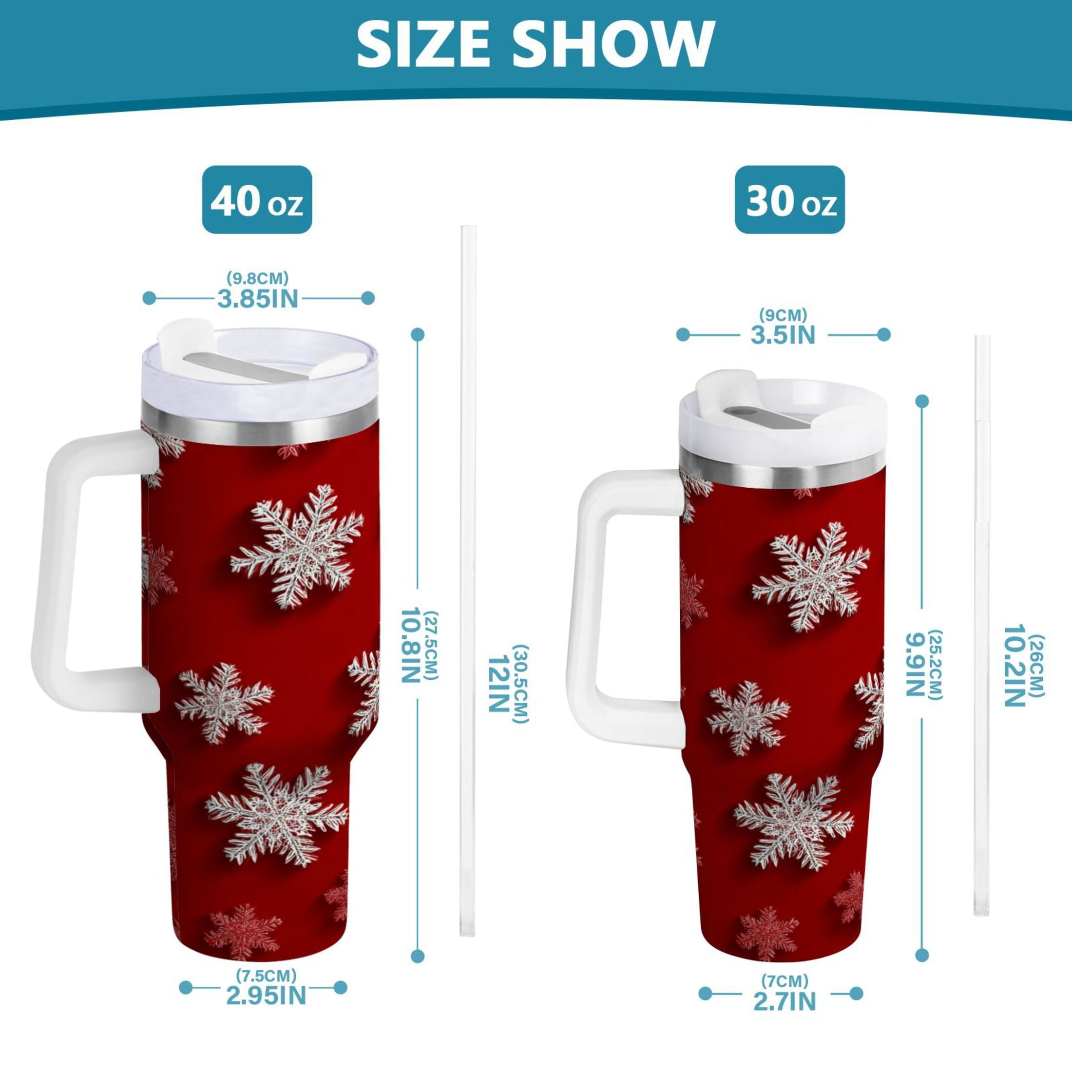 30 oz Insulated Stainless Steel Tumbler Double Wall Stainless Steel Tumbler with 2-Way Drinking Red and White Snowflakes - Choice 949