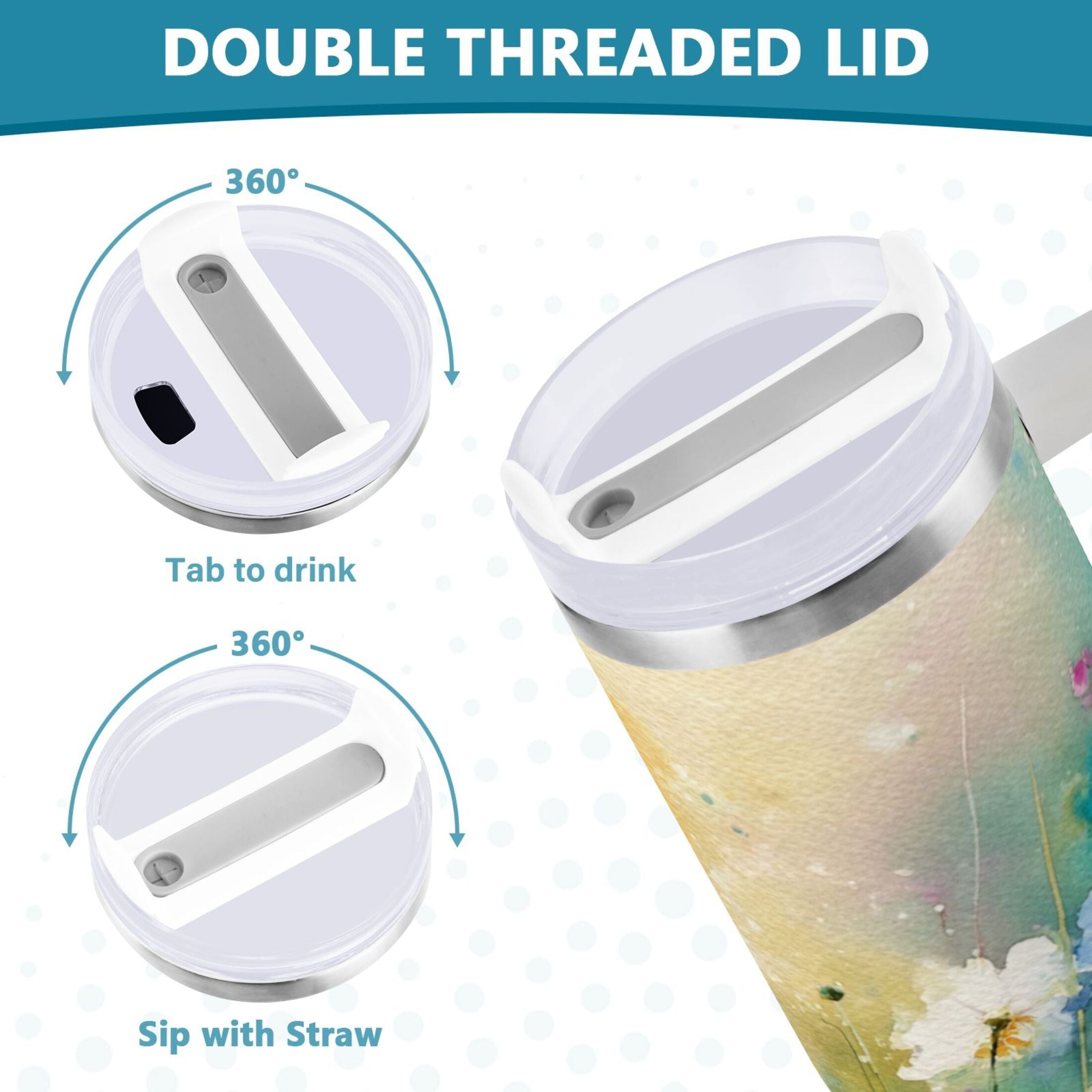 30 oz Insulated Stainless Steel Tumbler Double Wall Stainless Steel Tumbler with 2-Way Drinking Watercolor Wildflowers - Choice 776