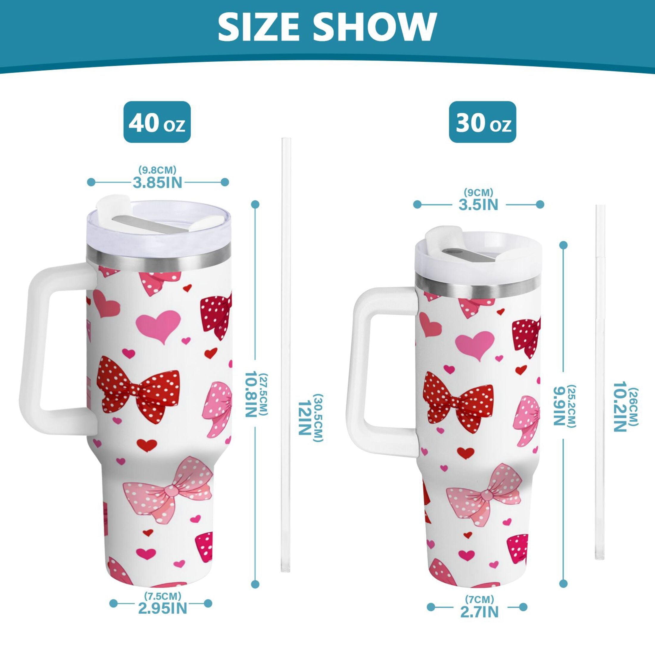 30 oz Insulated Stainless Steel Tumbler Double Wall Stainless Steel Tumbler with 2-Way Drinking Red and Pink Bows - Choice 811