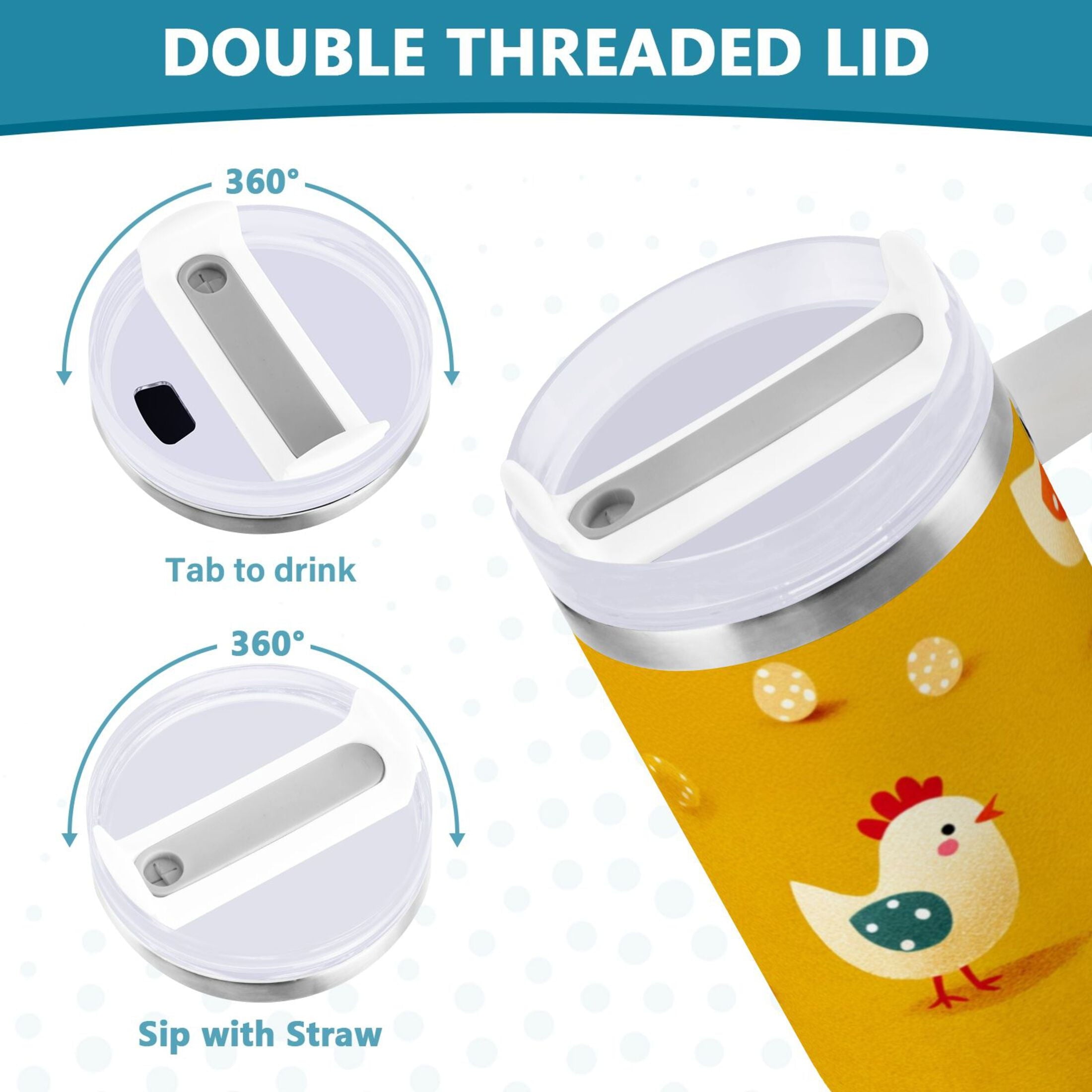30 oz Insulated Stainless Steel Tumbler Double Wall Stainless Steel Tumbler with 2-Way Drinking Cartoon Chickens Pattern - Choice 169