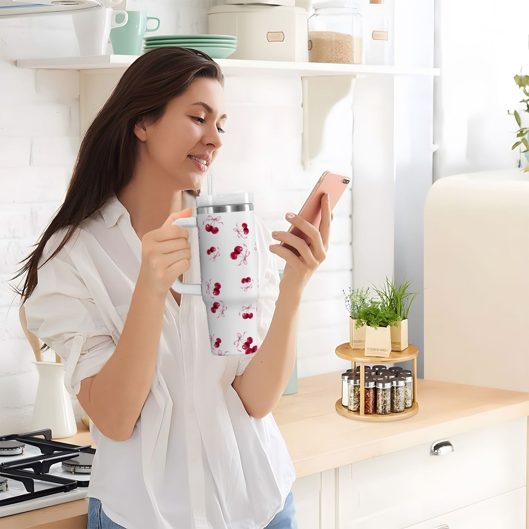 30 oz Insulated Stainless Steel Tumbler Double Wall Stainless Steel Tumbler with 2-Way Drinking Watercolor Cherries Pattern - Choice 345