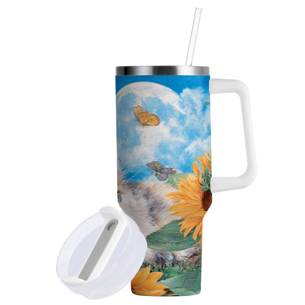 40 oz Insulated Stainless Steel Tumbler Double Wall Stainless Steel Tumbler with 2-Way Drinking Playful Cat Lying Sunflowers - Choice 895