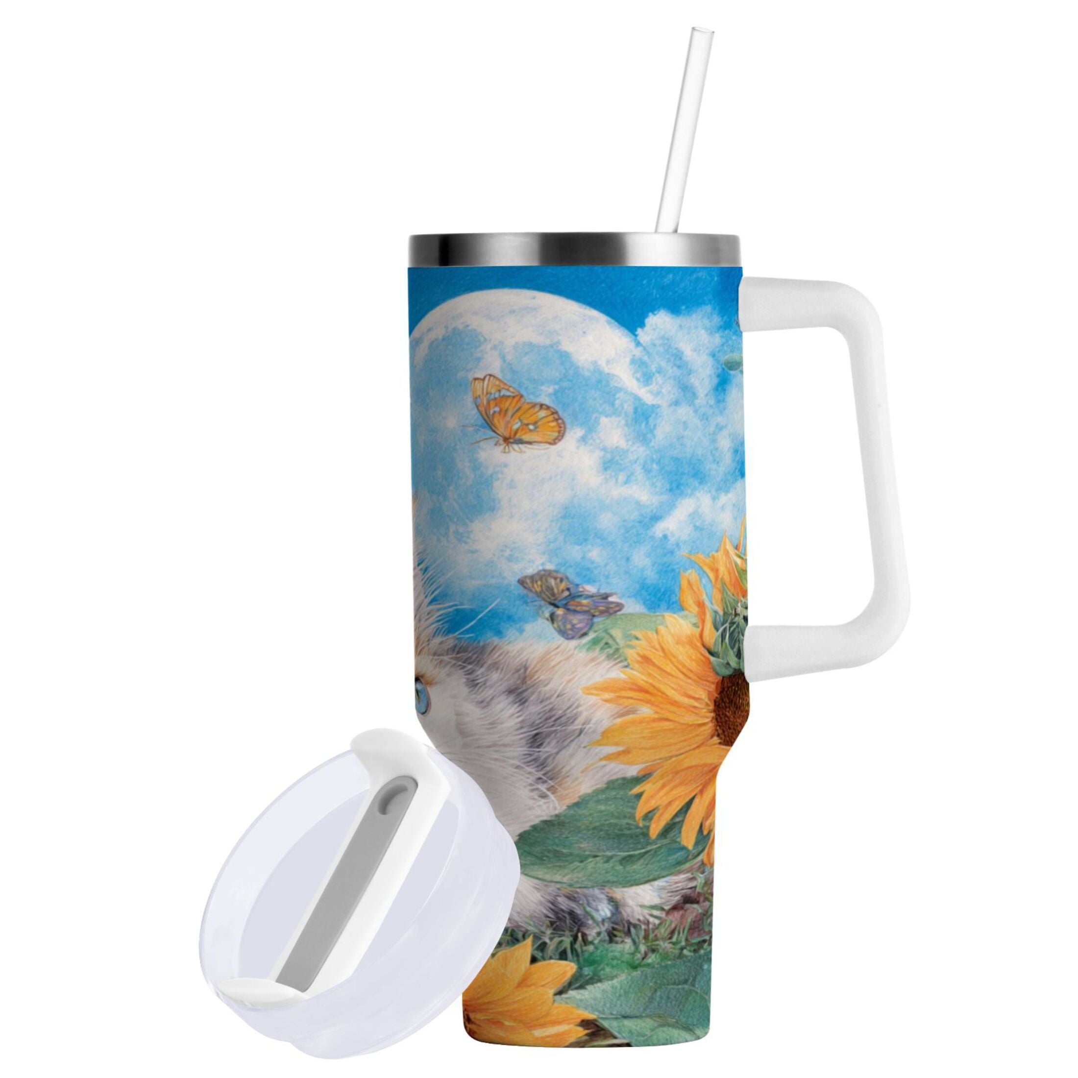 40 oz Insulated Stainless Steel Tumbler Double Wall Stainless Steel Tumbler with 2-Way Drinking Playful Cat Lying Sunflowers - Choice 895