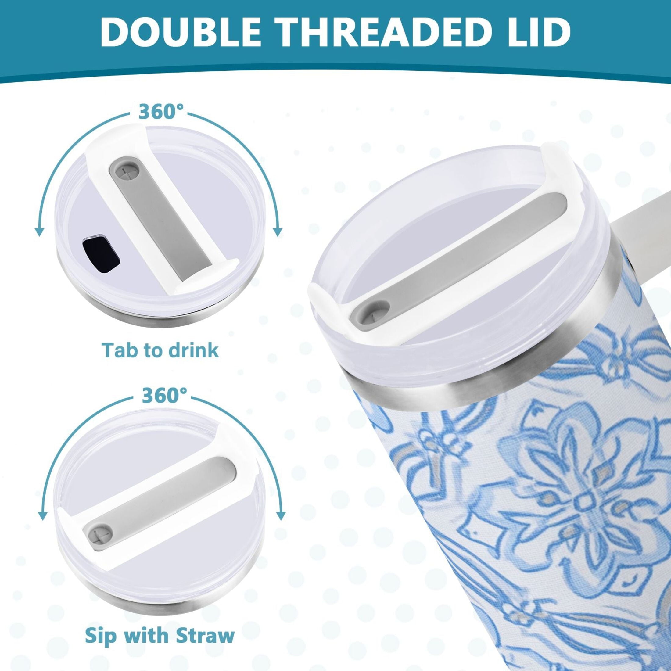 30 oz Insulated Stainless Steel Tumbler Double Wall Stainless Steel Tumbler with 2-Way Drinking Blue Elegant Geometric Design - Choice 477