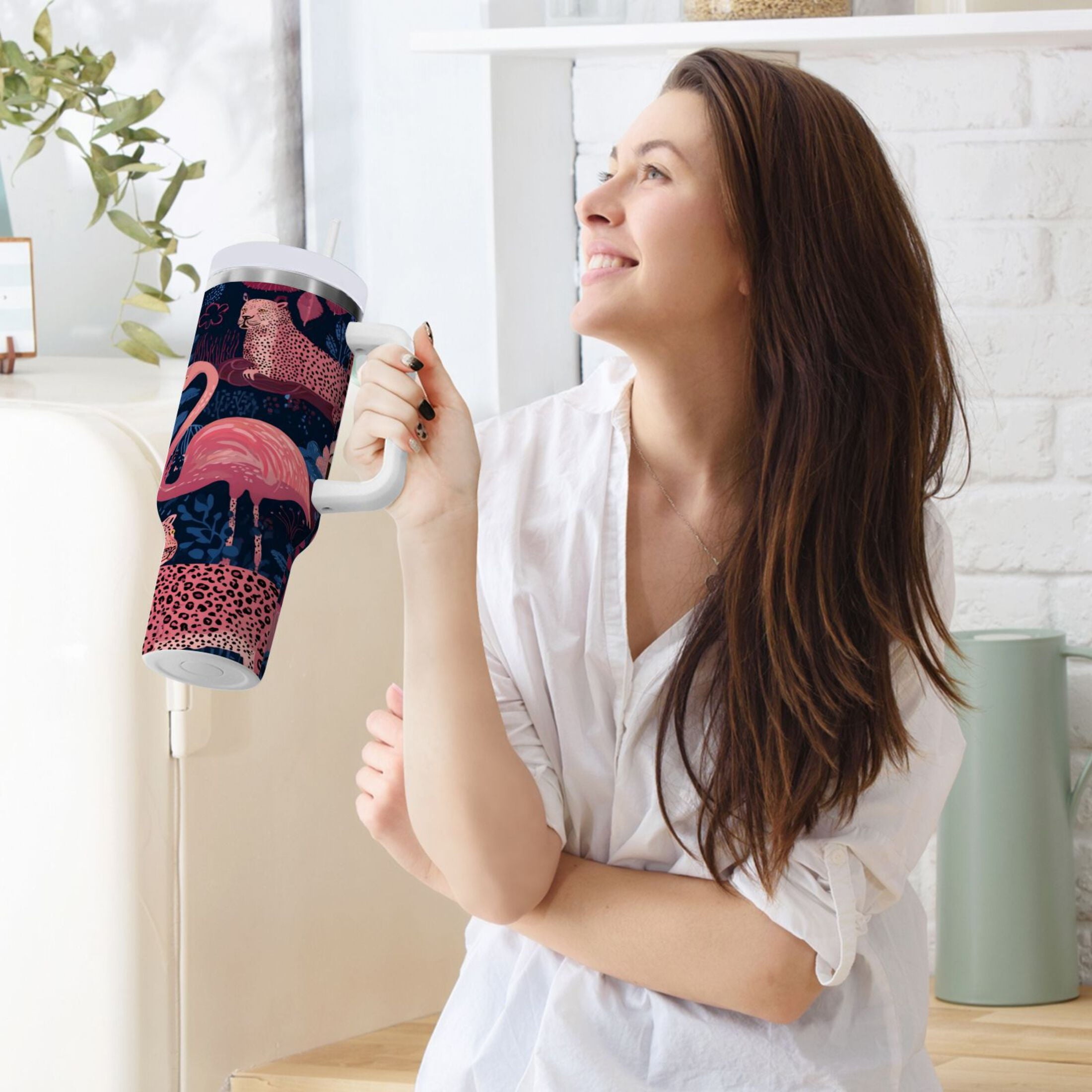 30 oz Insulated Stainless Steel Tumbler Double Wall Stainless Steel Tumbler with 2-Way Drinking Flamingos and Leopard Print - Choice 896