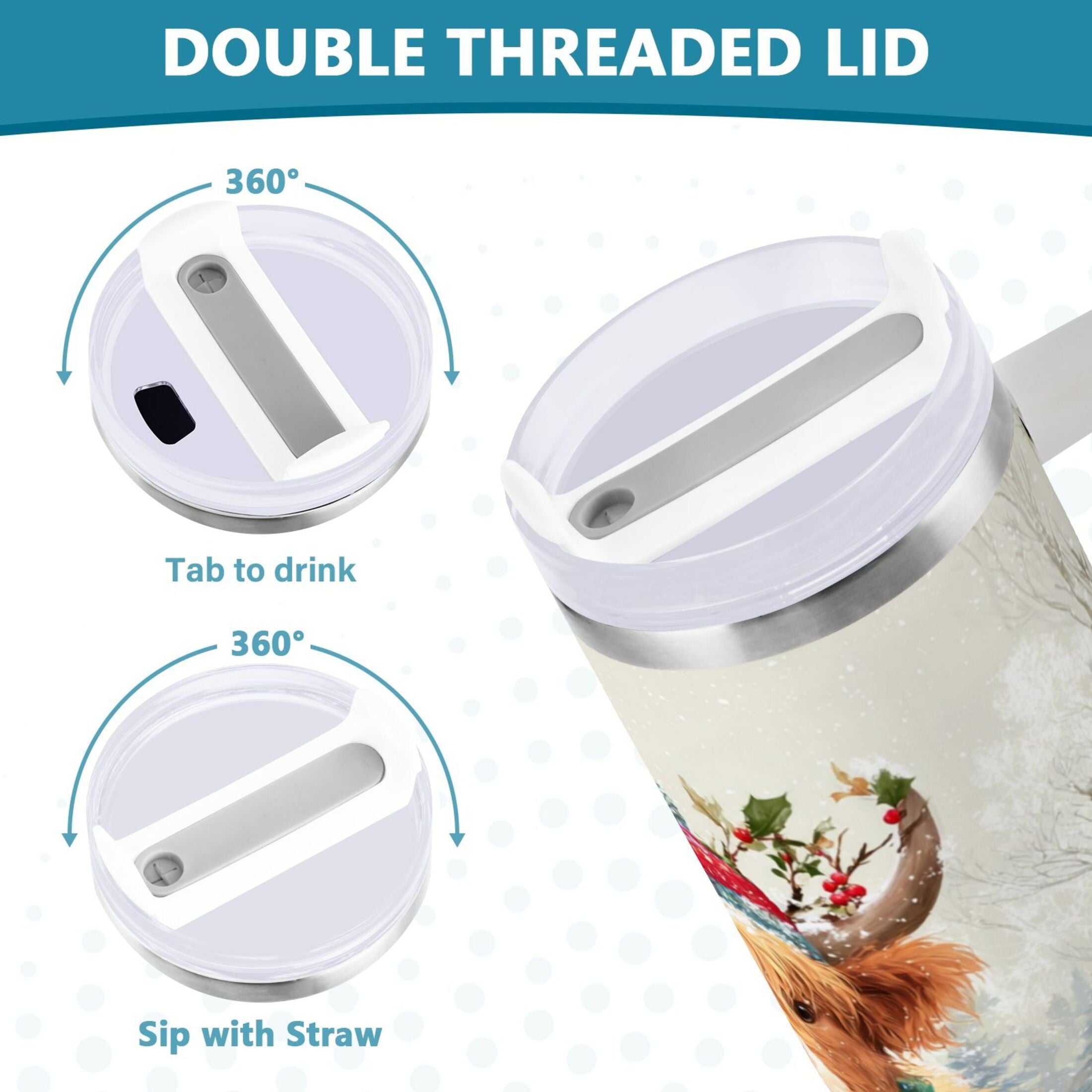 30 oz Insulated Stainless Steel Tumbler Double Wall Stainless Steel Tumbler with 2-Way Drinking Cow Wearing Christmas Hat - Choice 987