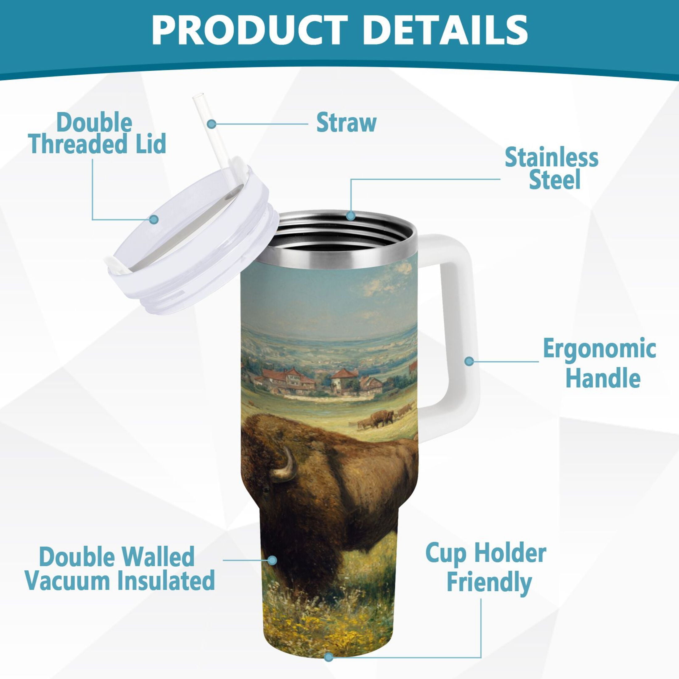 30 oz Insulated Stainless Steel Tumbler Double Wall Stainless Steel Tumbler with 2-Way Drinking Buffalo Herd Oil Painting - Choice 227