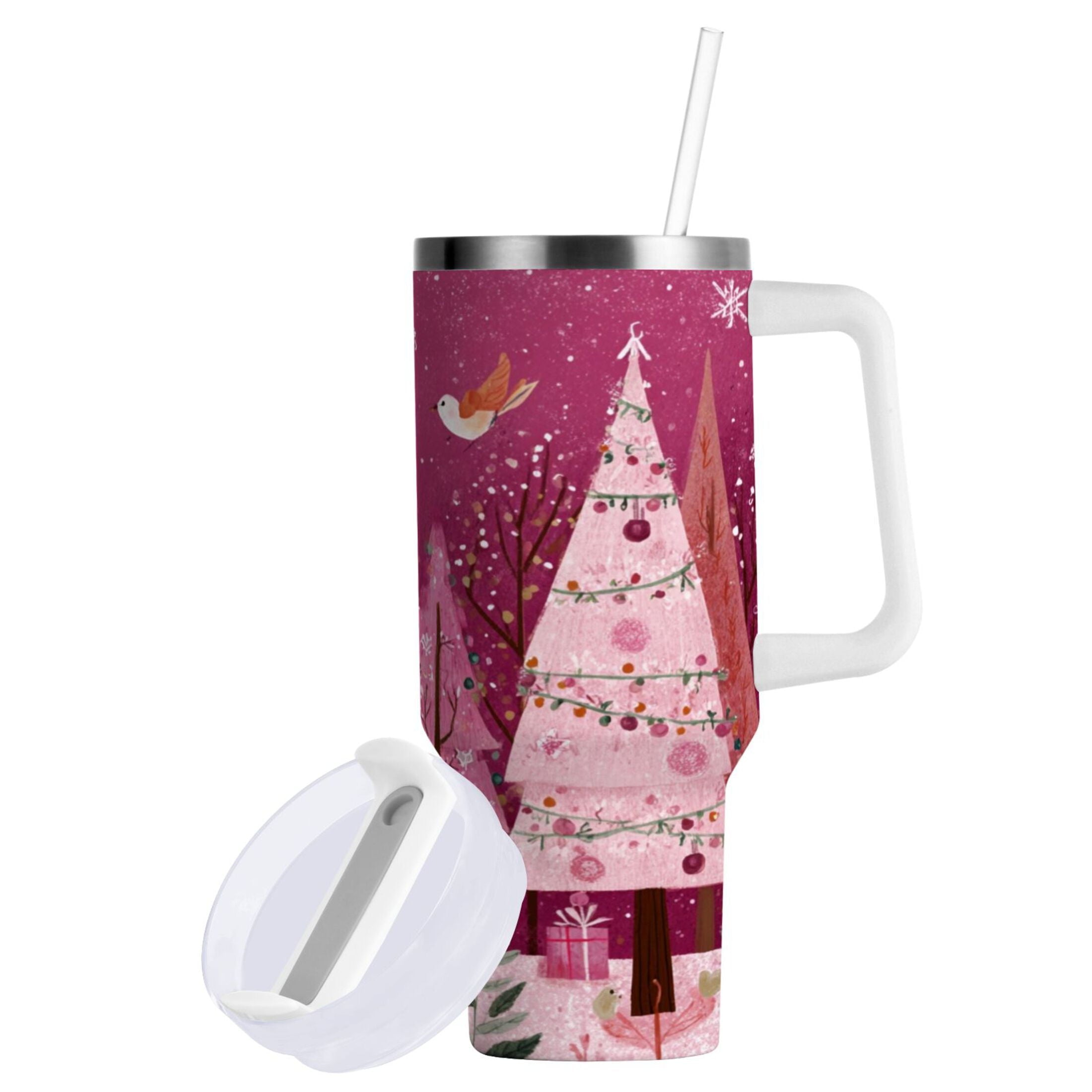 40 oz Insulated Stainless Steel Tumbler Double Wall Stainless Steel Tumbler with 2-Way Drinking Pink Christmas Forest - Choice 570