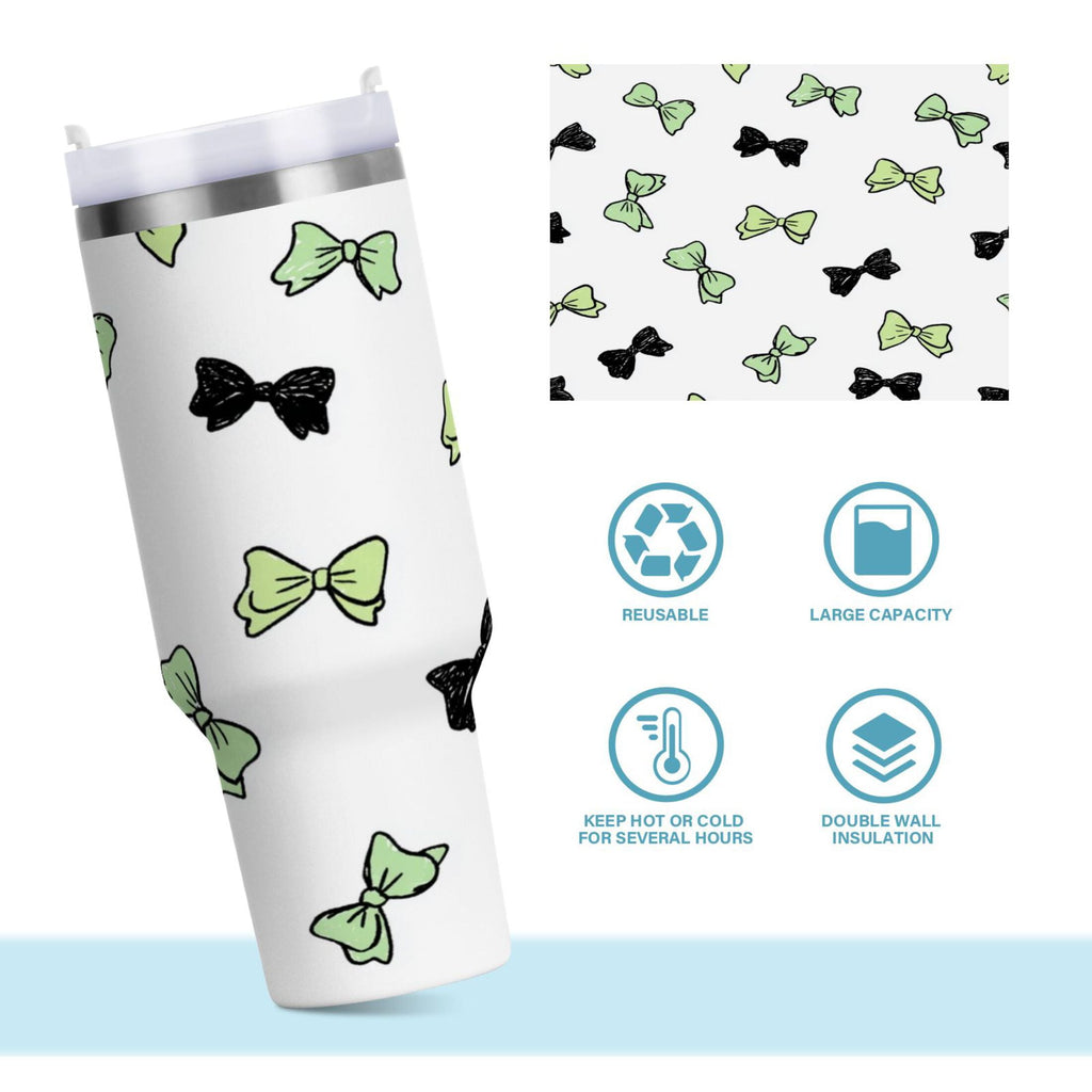 40 oz Insulated Stainless Steel Tumbler Double Wall Stainless Steel Tumbler with 2-Way Drinking Green and Black Bows - Choice 904