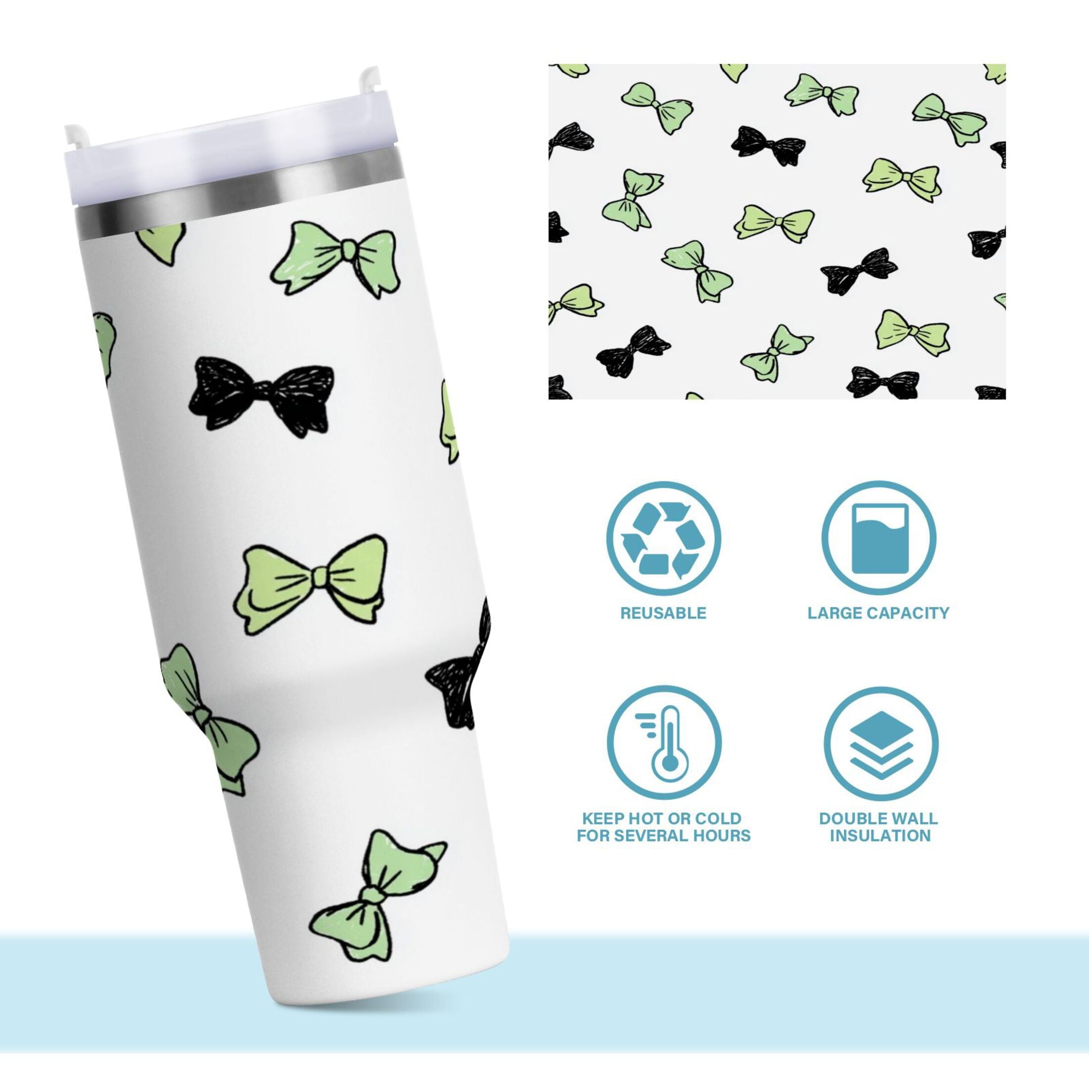 40 oz Insulated Stainless Steel Tumbler Double Wall Stainless Steel Tumbler with 2-Way Drinking Green and Black Bows - Choice 904