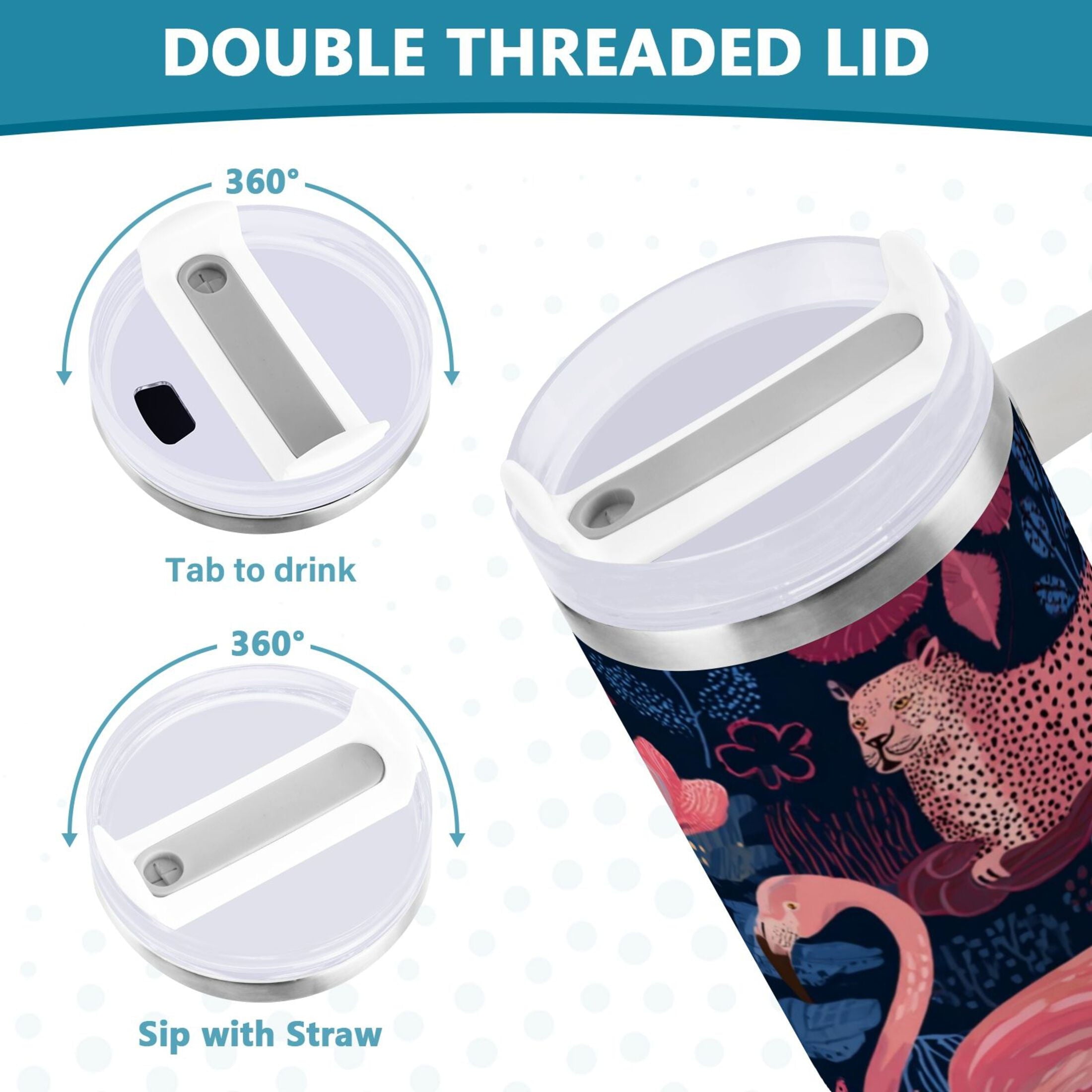 30 oz Insulated Stainless Steel Tumbler Double Wall Stainless Steel Tumbler with 2-Way Drinking Flamingos and Leopard Print - Choice 896