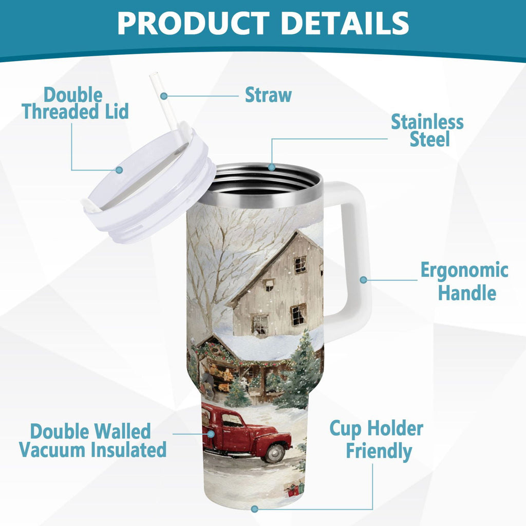 40 oz Insulated Stainless Steel Tumbler Double Wall Stainless Steel Tumbler with 2-Way Drinking Farm Snow Scene - Choice 272