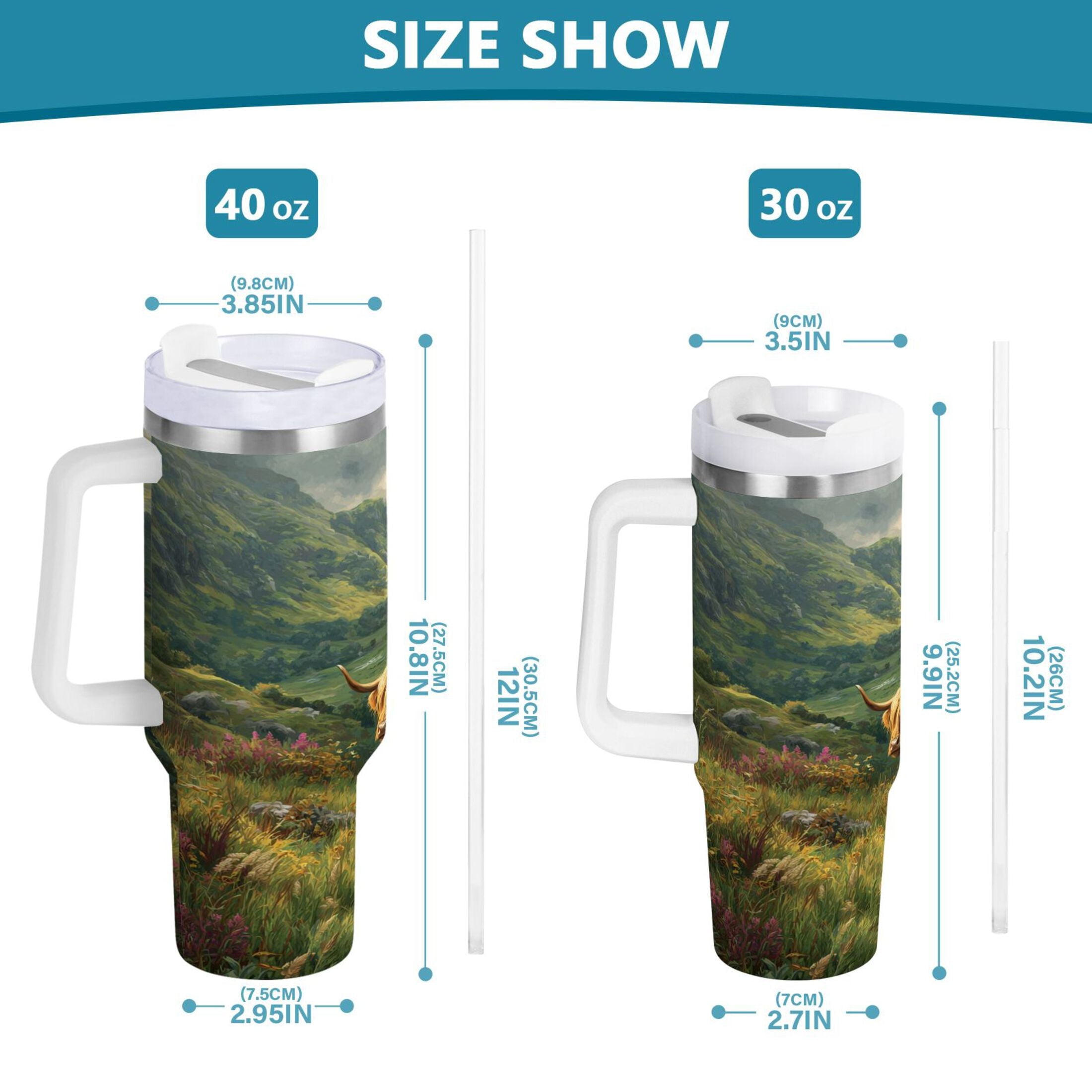 30 oz Insulated Stainless Steel Tumbler Double Wall Stainless Steel Tumbler with 2-Way Drinking Cow in Green Rolling Hills - Choice 267