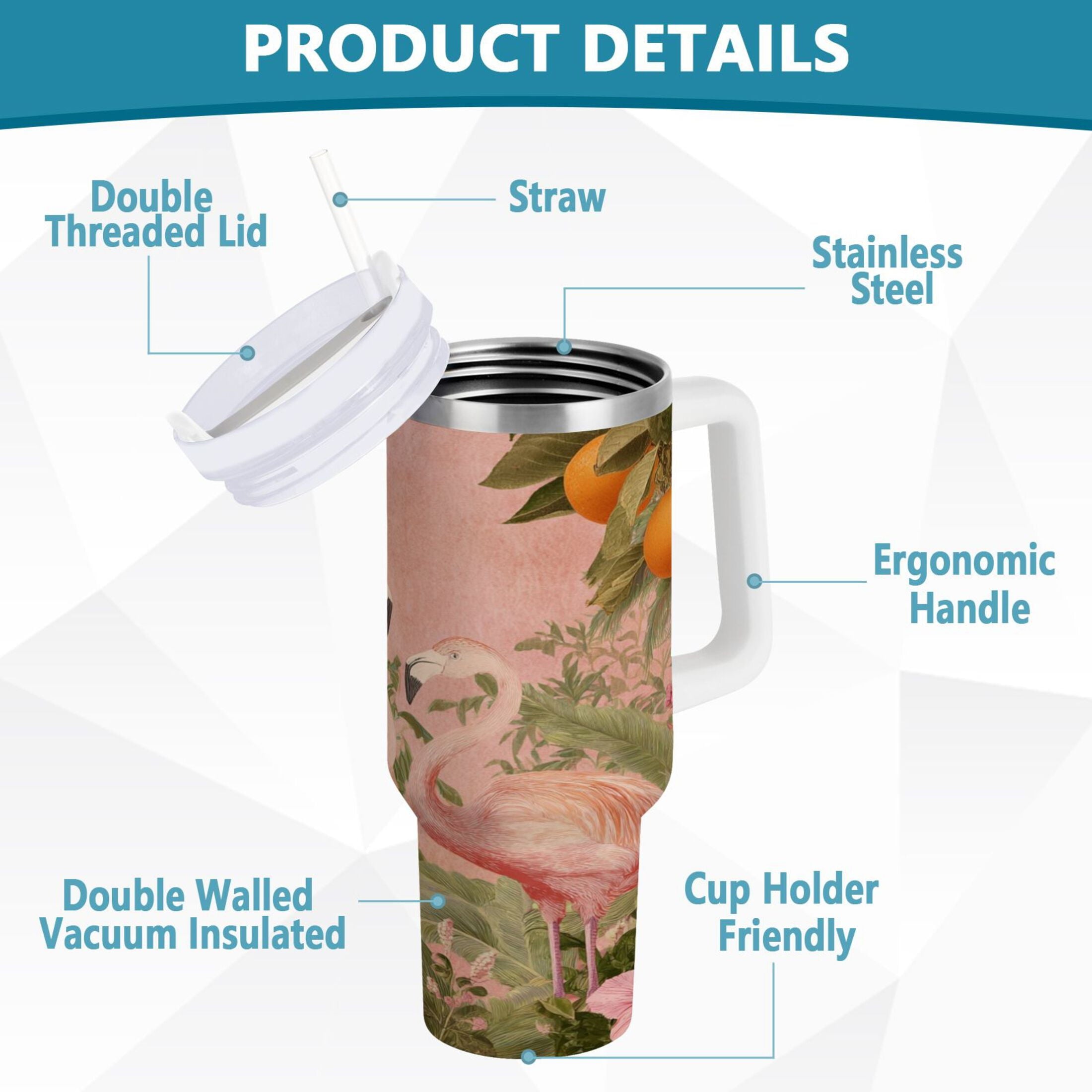 40 oz Insulated Stainless Steel Tumbler Double Wall Stainless Steel Tumbler with 2-Way Drinking Flamingos in Tropical Garden - Choice 104