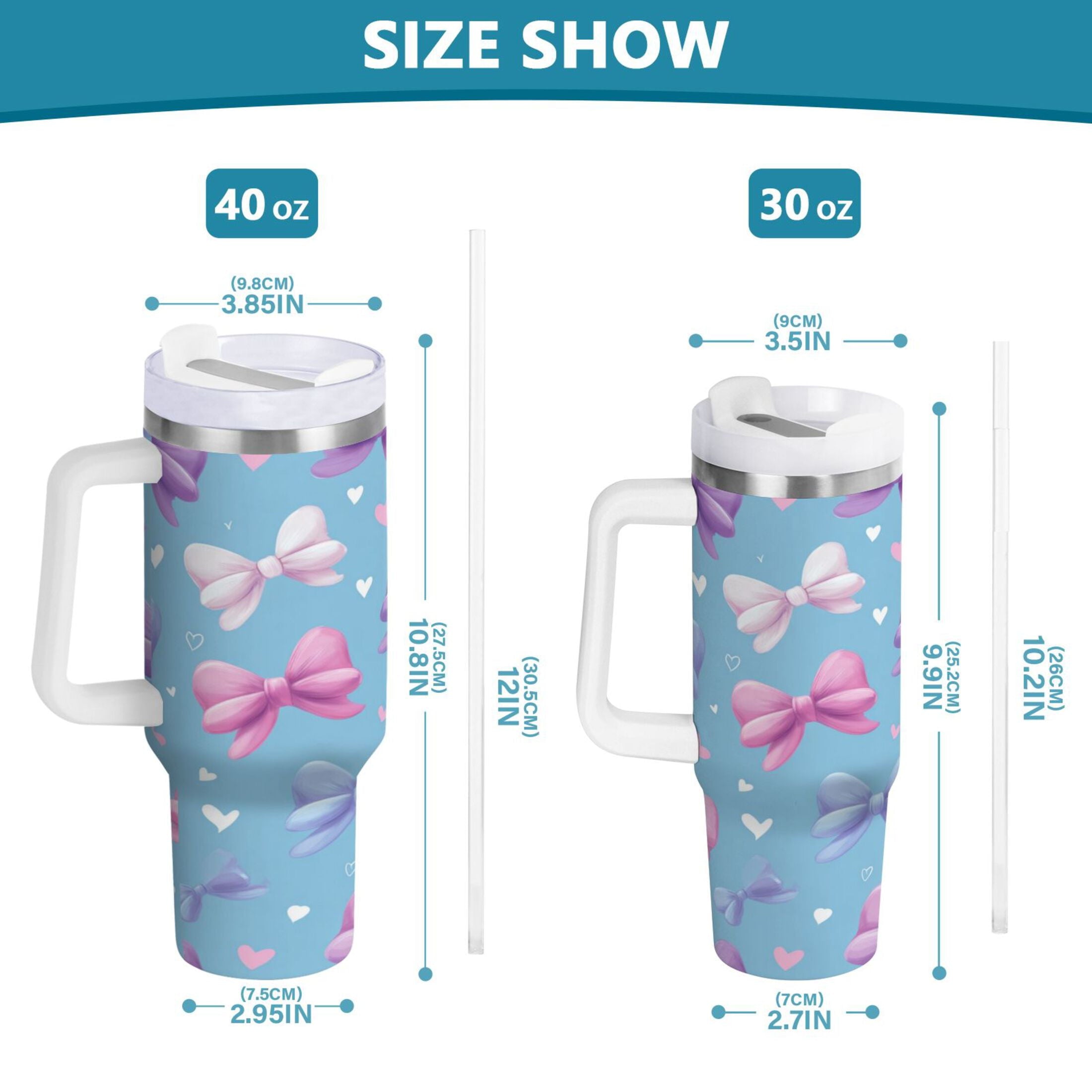 30 oz Insulated Stainless Steel Tumbler Double Wall Stainless Steel Tumbler with 2-Way Drinking Pink and Purple Bows - Choice 223