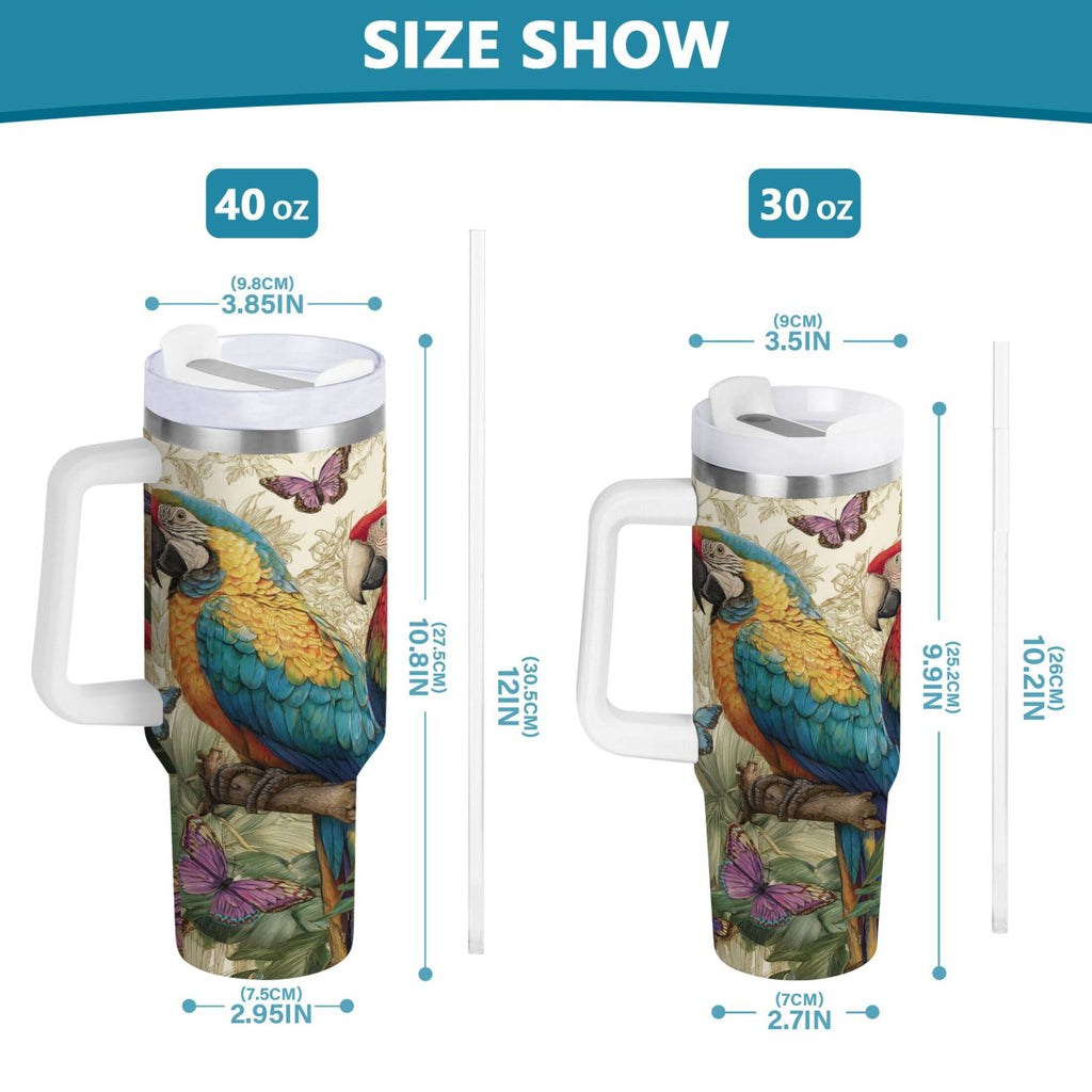 30 oz Insulated Stainless Steel Tumbler Double Wall Stainless Steel Tumbler with 2-Way Drinking Colorful Beautiful Parrots - Choice 284