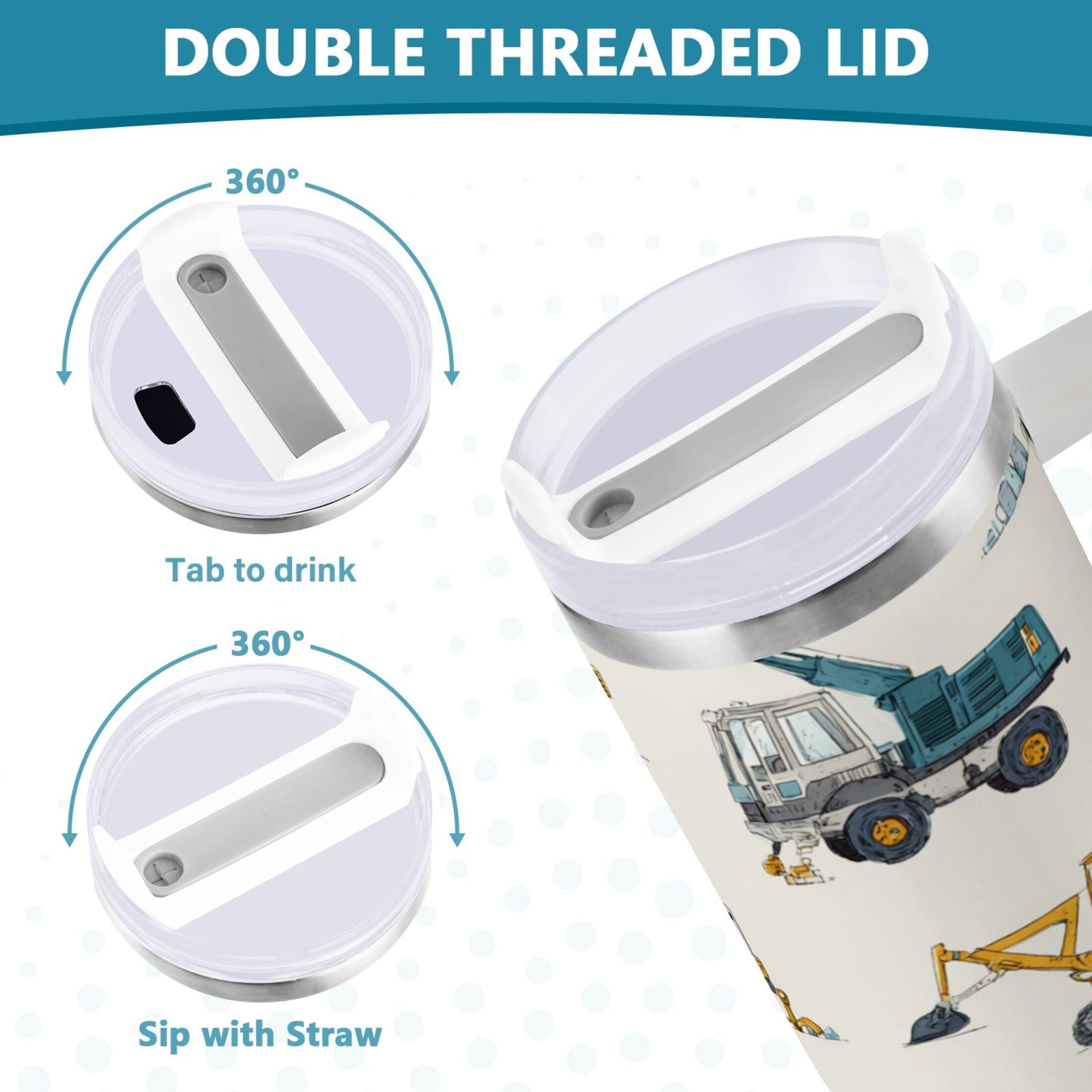 30 oz Insulated Stainless Steel Tumbler Double Wall Stainless Steel Tumbler with 2-Way Drinking Engineering Vehicle Pattern - Choice 742