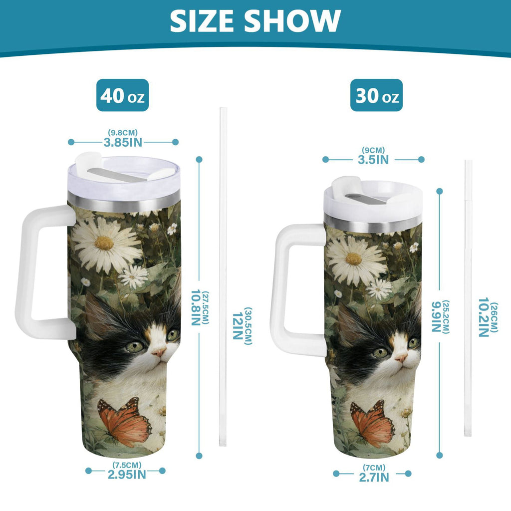 30 oz Insulated Stainless Steel Tumbler Double Wall Stainless Steel Tumbler with 2-Way Drinking Adorable Cats and Daisies - Choice 403