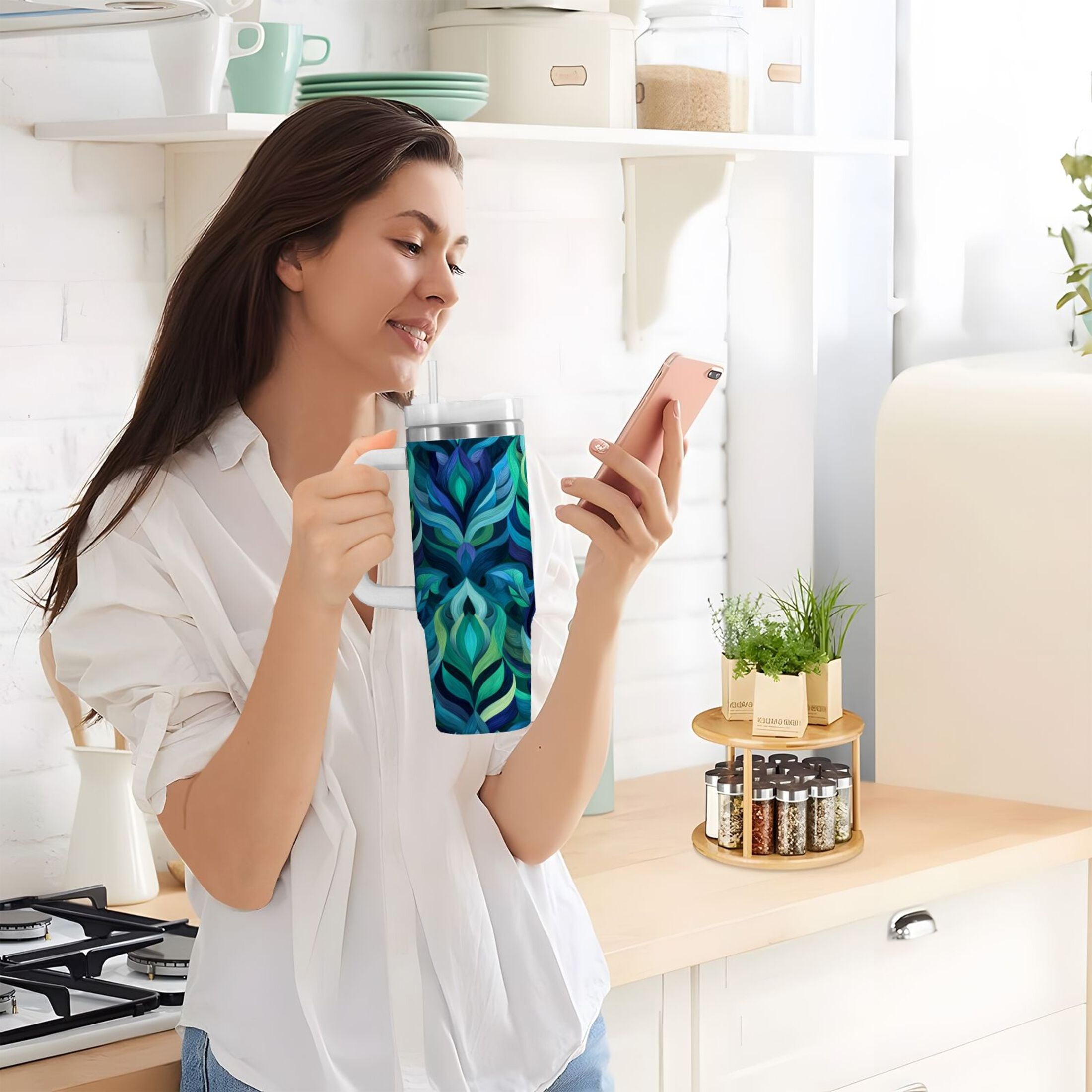 40 oz Insulated Stainless Steel Tumbler Double Wall Stainless Steel Tumbler with 2-Way Drinking Elegant Blue Abstract Shapes - Choice 188
