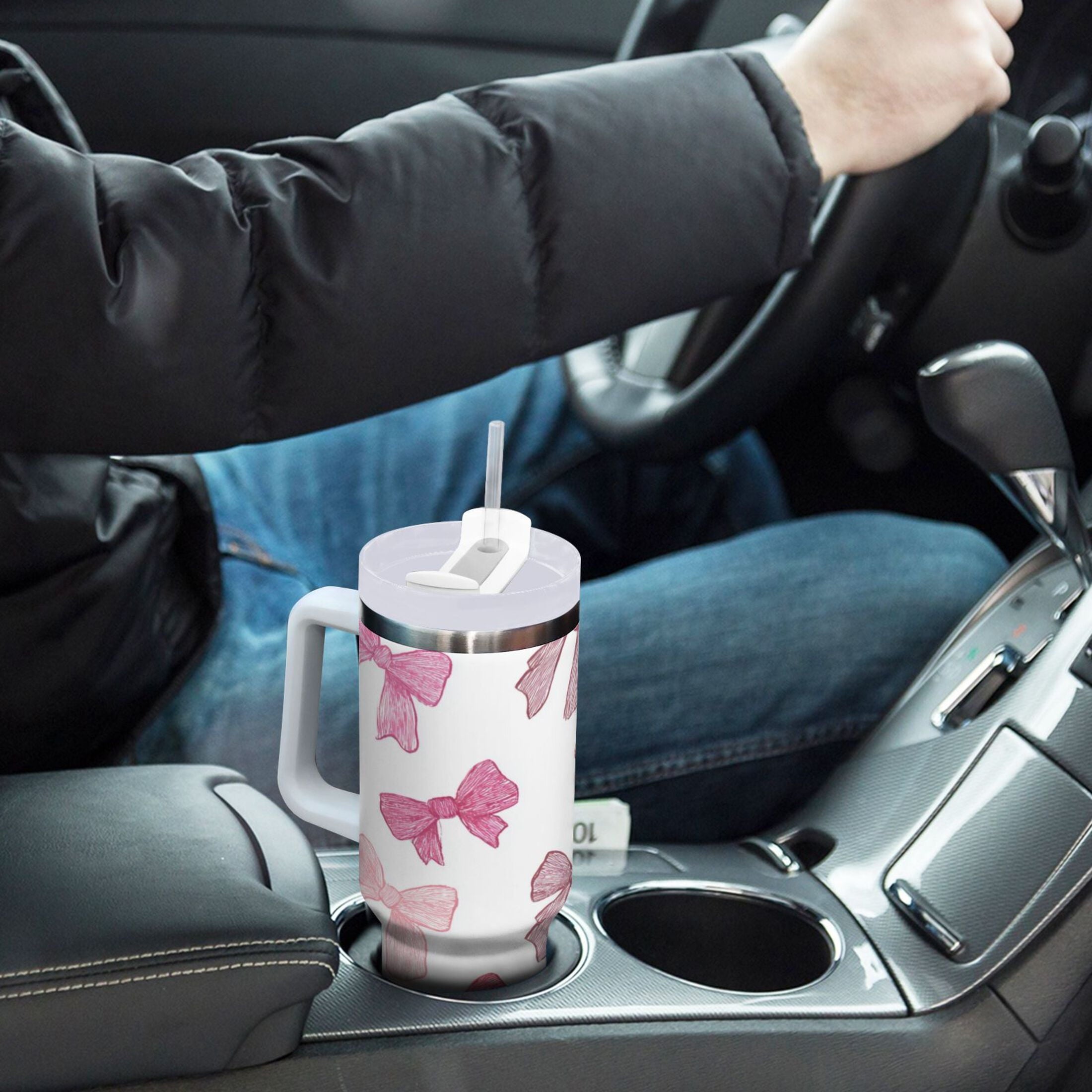 40 oz Insulated Stainless Steel Tumbler Double Wall Stainless Steel Tumbler with 2-Way Drinking Pink Bows Pattern - Choice 914