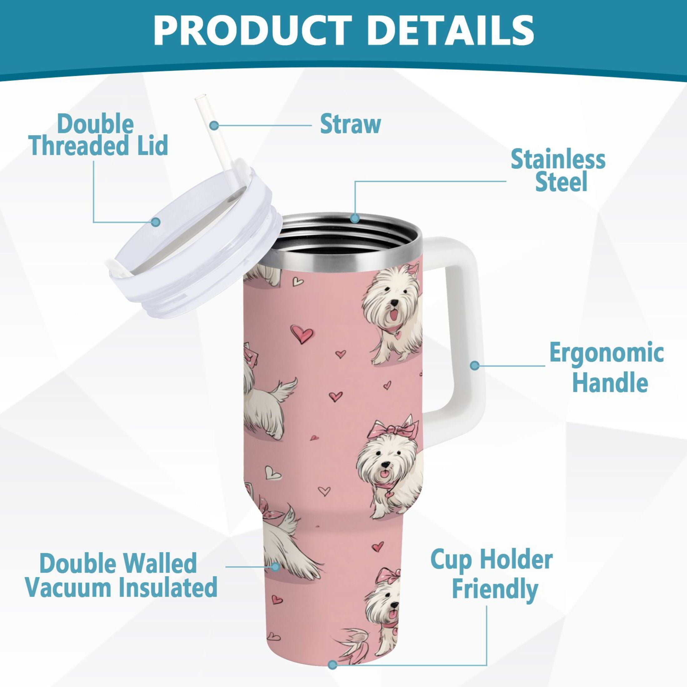 30 oz Insulated Stainless Steel Tumbler Double Wall Stainless Steel Tumbler with 2-Way Drinking Dogs Wearing Bows - Choice 129