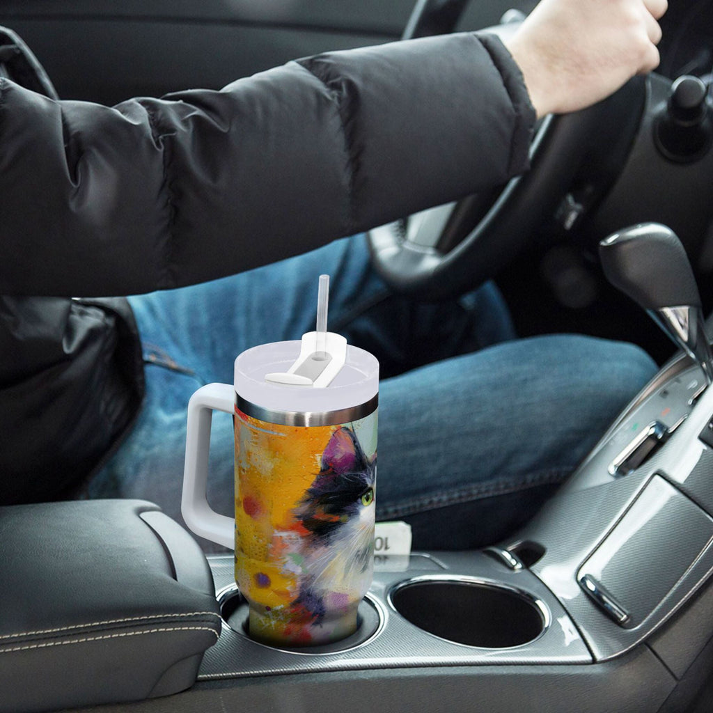 30 oz Insulated Stainless Steel Tumbler Double Wall Stainless Steel Tumbler with 2-Way Drinking Charming Hairy Cat - Choice 440